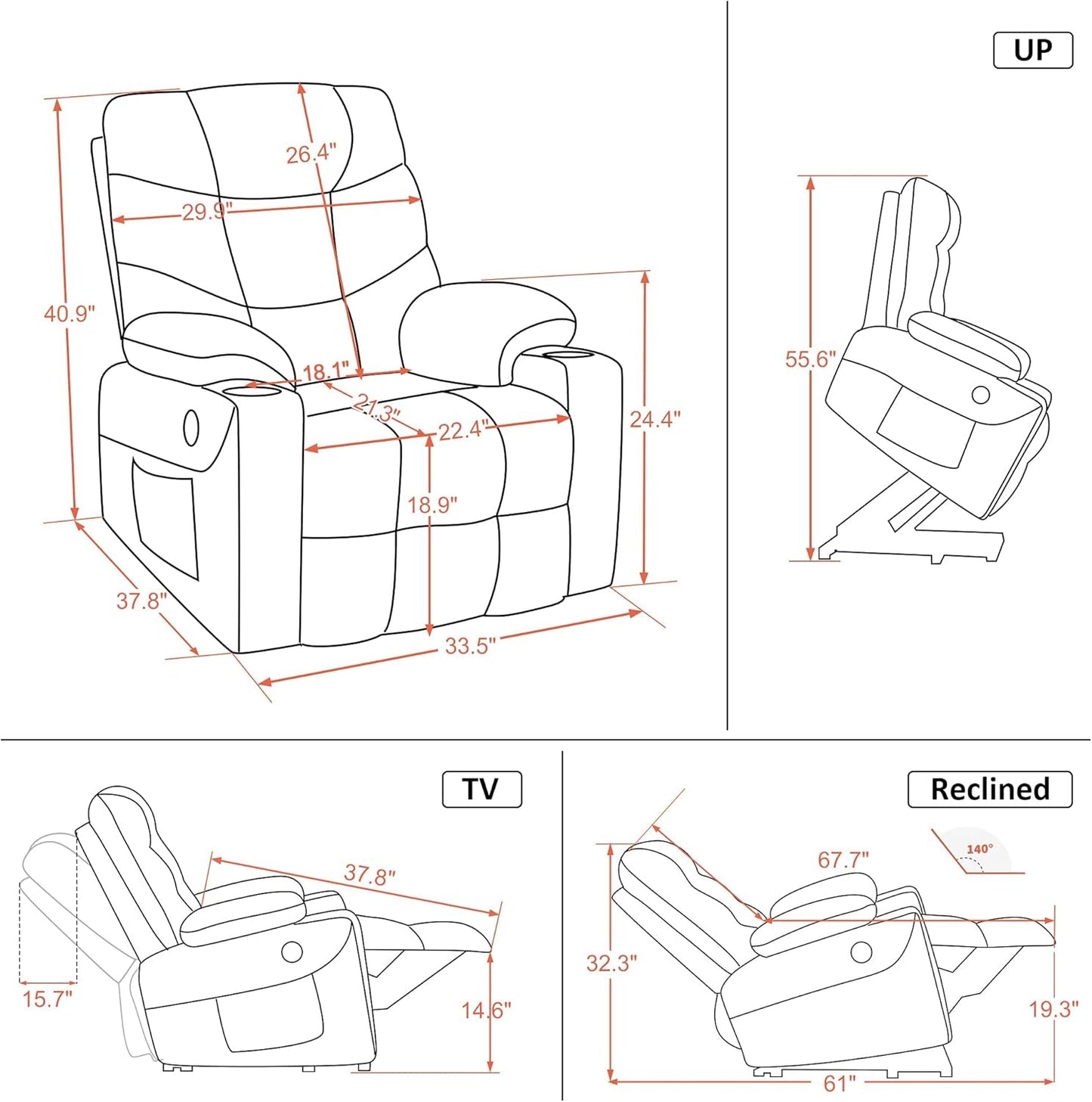 Power Lift Recliner Chair, 2 Cup Holders, USB Ports for Elderly People, Faux Leather 7288 (Cream White, Medium-Regular)-1