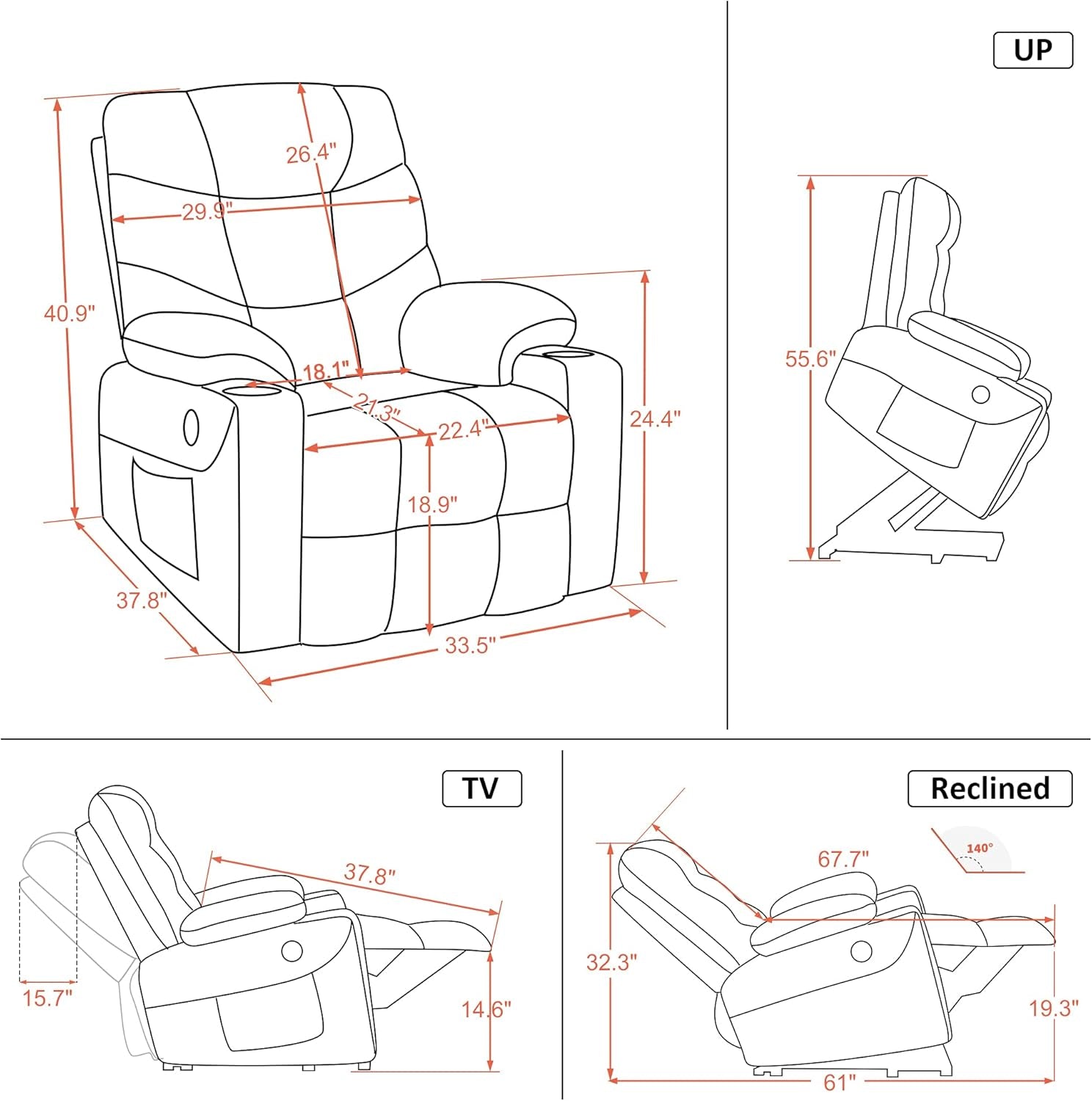 Power Lift Recliner Chair, 2 Cup Holders, USB Ports for Elderly People, Faux Leather 7288 (Cream White, Medium-Regular)-1
