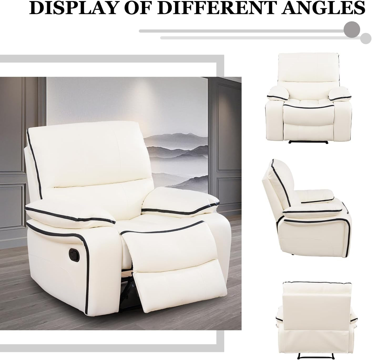 Recliner Sofa Set Bonded Leather, Living Room Furniture Set,Leather Sofa Set Reclining Sofa Manual Recliner Couch (Chair and Sofa Set,Cream White)-4