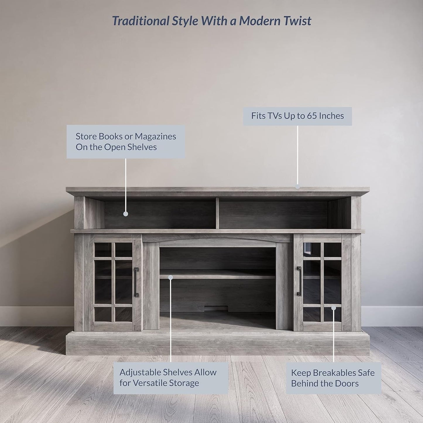 Traditional 58 Inch Rustic Wood TV Stand & Media Entertainment Center Console Table for Tvs up to 65 Inches with Open Storage Shelves & Cabinets - Astorga (Gray Wash)-4