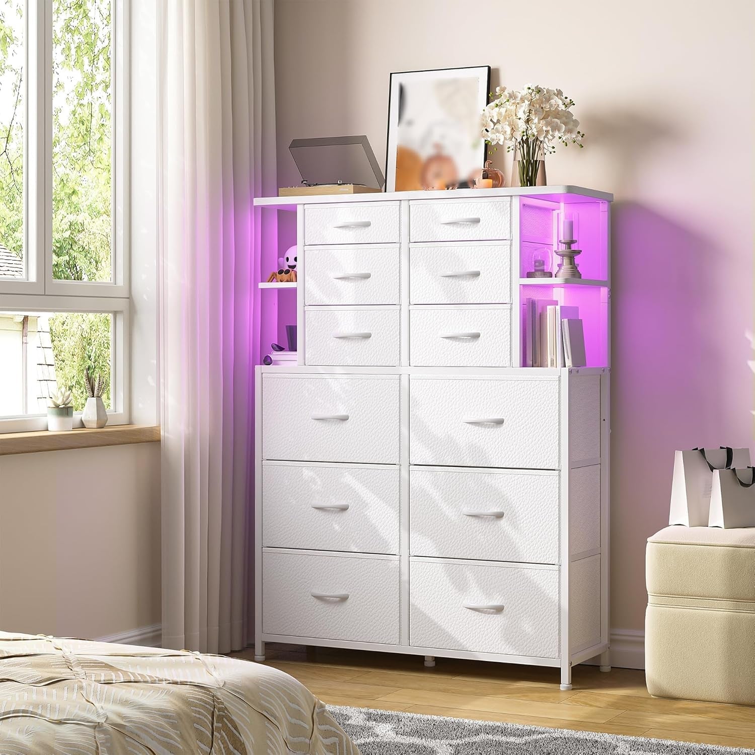 Dresser for Bedroom with LED Lights, 12 Drawers Bedroom Dresser, Black Dresser and Tall Dresser with Open Shelves, Fabric Dressers & Chests of Drawers with Sturdy Metal Frame, White-4