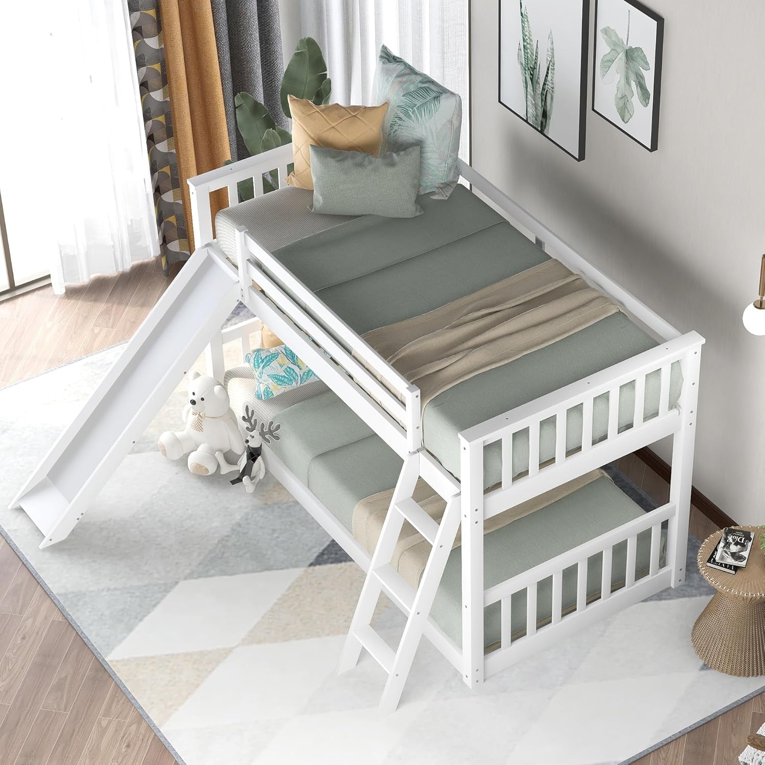 Bunk Bed Twin over Twin Size with Convertible Slide and Ladder, Heavy Duty Wood Twin Size Bunk Bedframe with Full-Length Guardrail, No Box Spring Needed, Noise Free, White-3