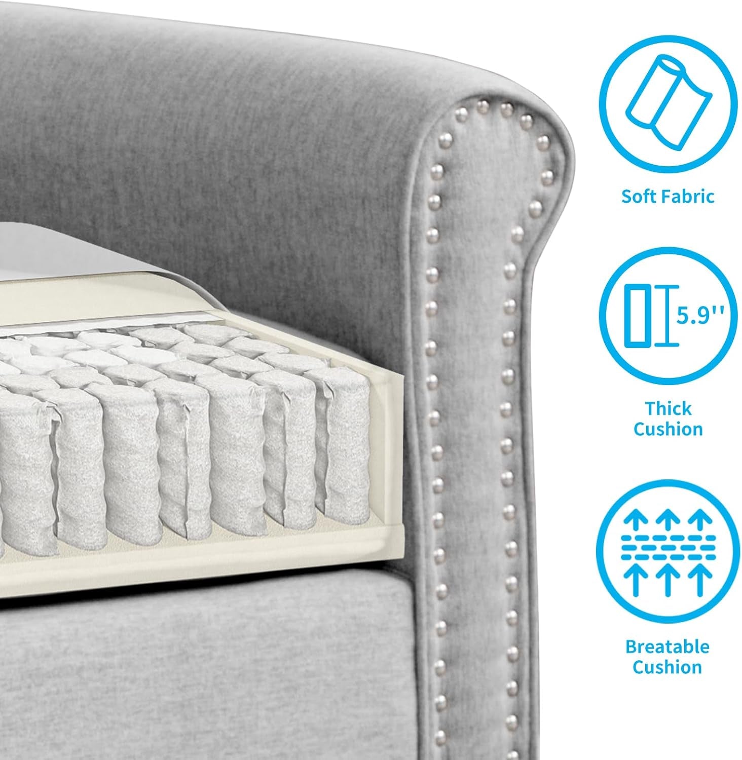 Living Room Couch Set, Small Sectional Sofa Couch, Includ Loveseat Armchair and 3 Seat Sofa, Mid-Century Riveted Accent Couches for Living Room, Wood Small Space Furniture Sets - Light Grey-4