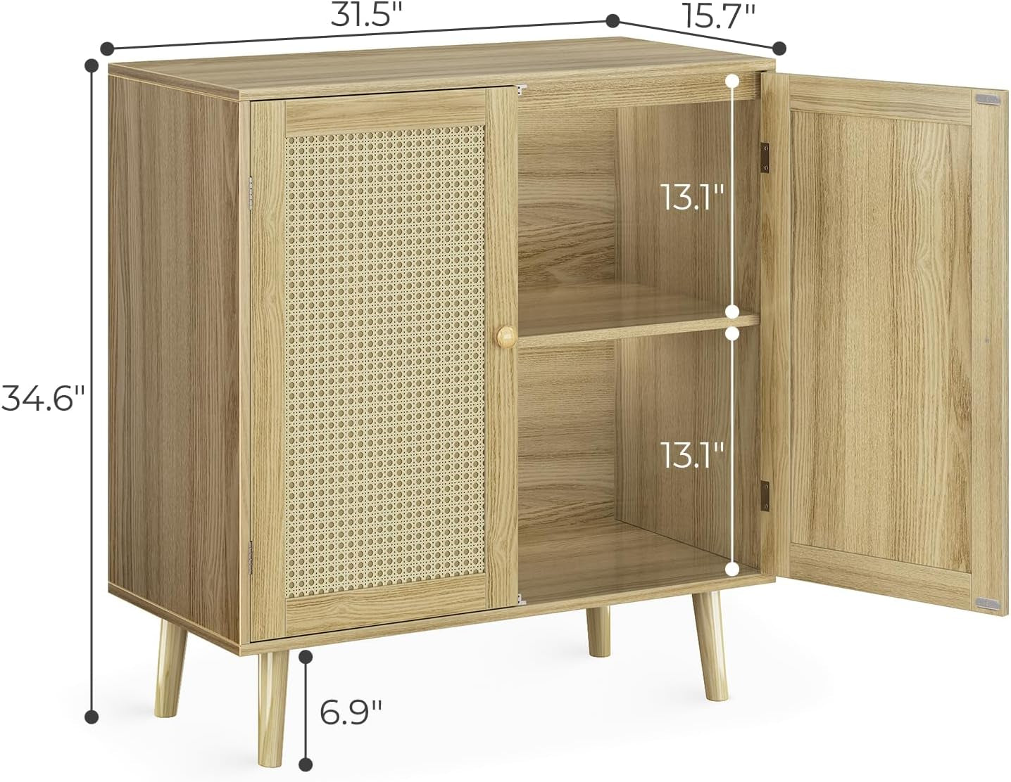 Buffet Cabinet with Storage, Storage Cabinet with PE Rattan Decor Doors, Accent Cabinet with Solid Wood Feet, Sideboard Cabinet for Hallway, Entry, Living Room, Natural-2