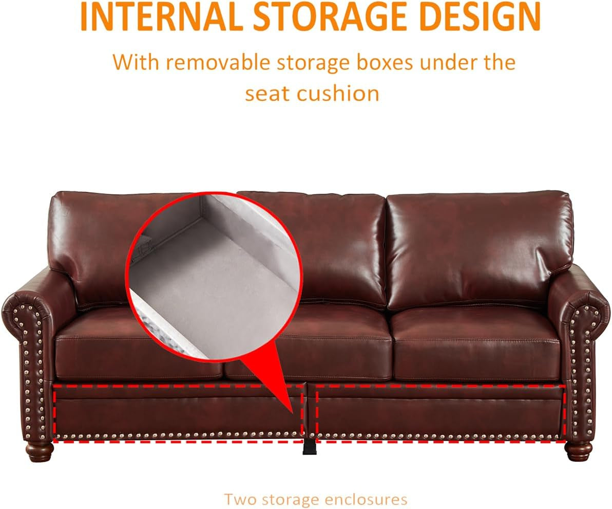 Faux Leather Living Room Sofa Set with 3-Seat Couch and 2-Seat Loveseat, Hidden Storage under Seat, Nailhead Trim, Solid Wood Legs, Burgundy-2