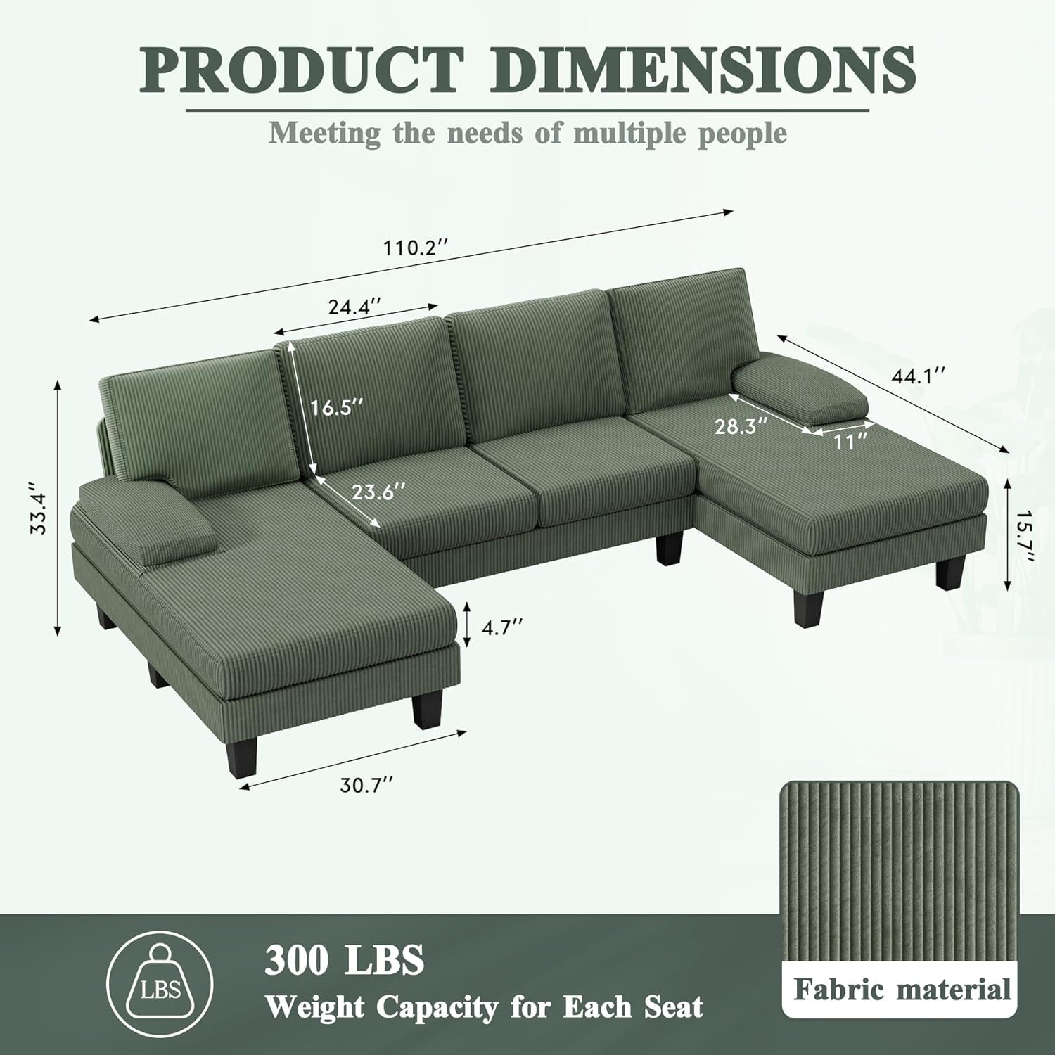 Sofa 110” Corduroy Sectional Comfy Couches for Living Room, Modern Deep Removable Back and Seat Cushions, 4 Seater Fluffy Sleeper with Soft Armrest, Green-1