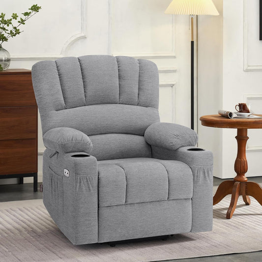 Power Lift Recliner Chair Sofa with Massage and Heat for Elderly People, Cup Holders, USB Ports, Side Pockets, Fabric 7095 (Medium-Regular, Grey)-1