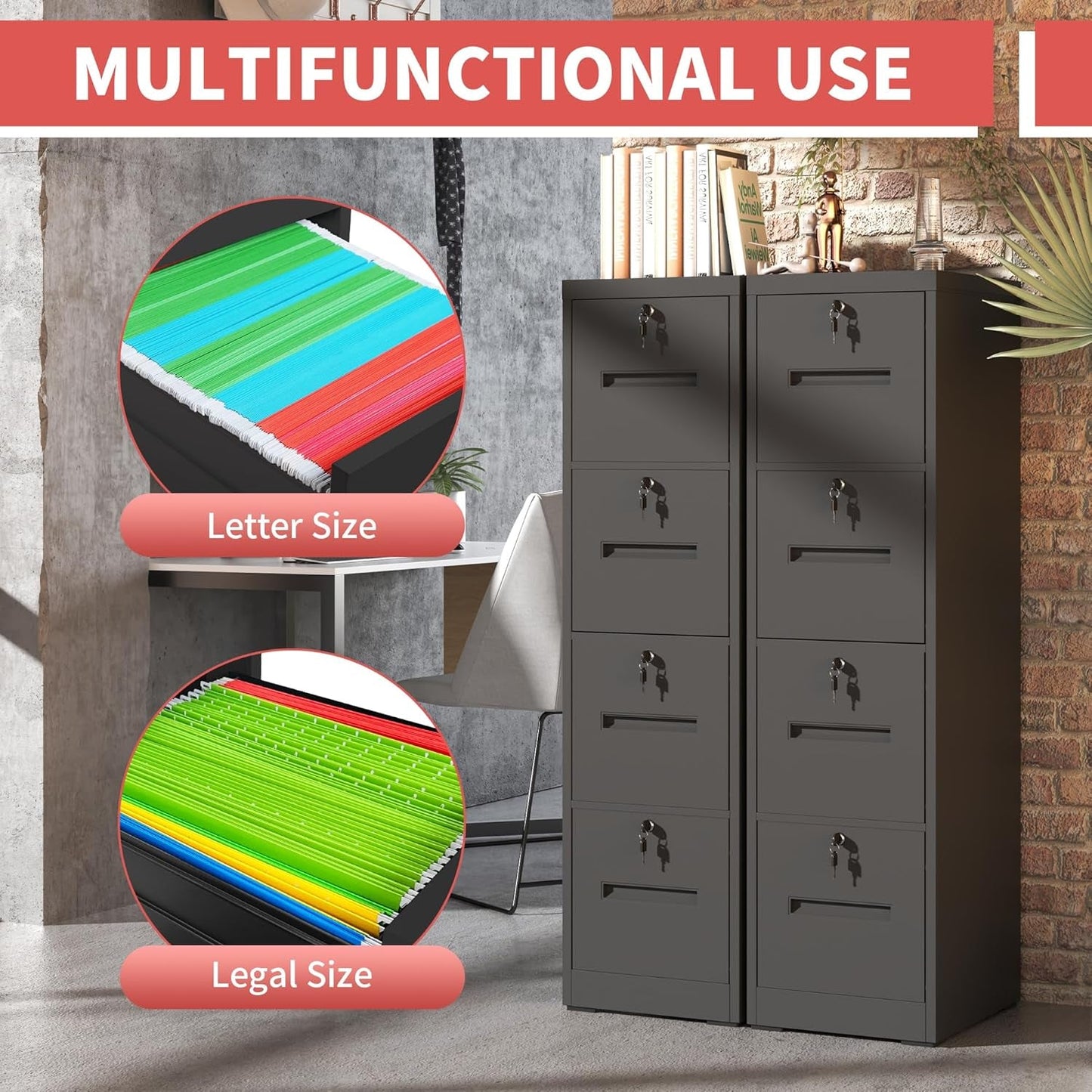 4 Drawer File Cabinet,Vertical Filing Cabinet with 4 Lockable Drawers,Black Metal File Cabinet for Home Office,Heavy Duty Steel File Cabinets for A4/Letter/Legal Size File,Assembly Required-4