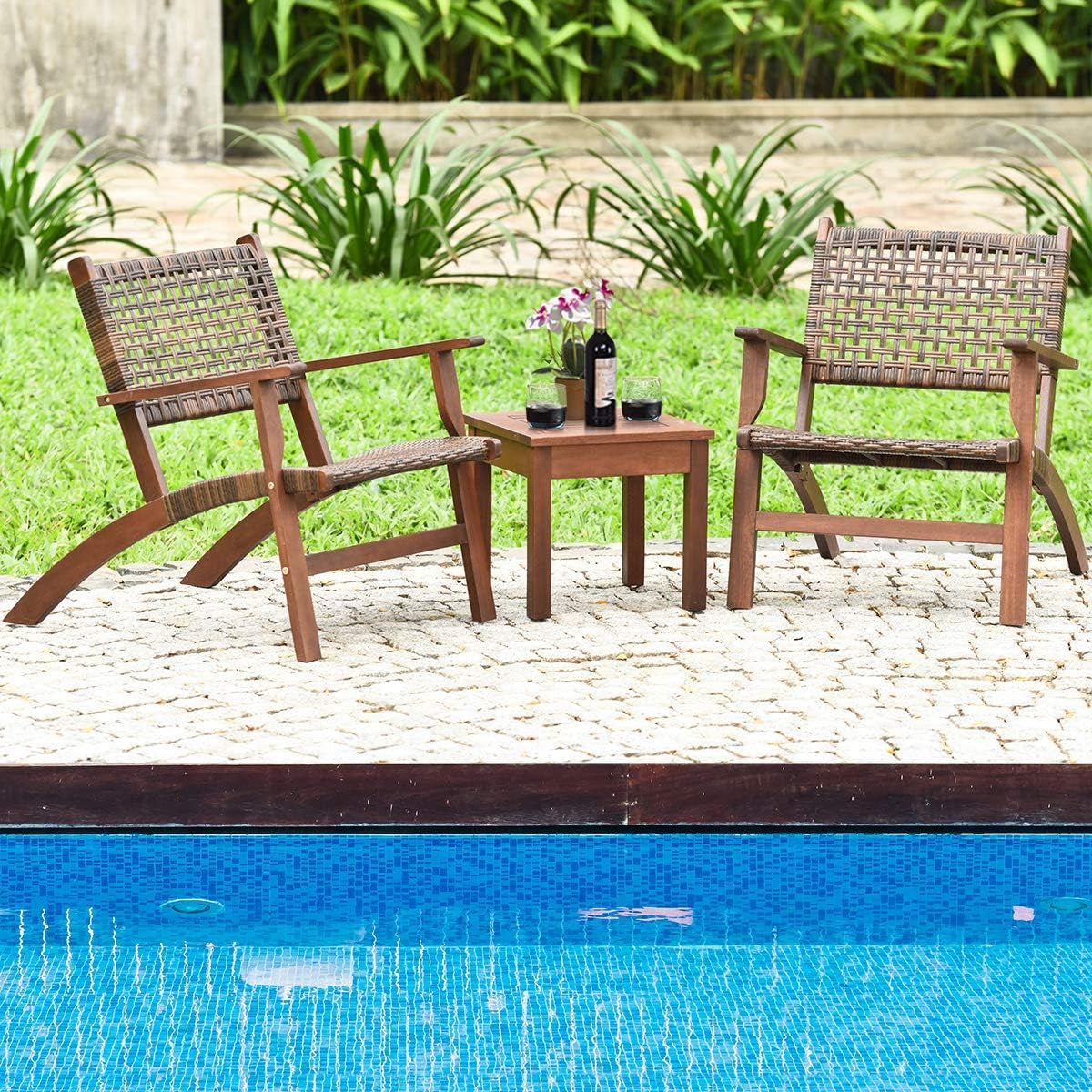 3 PCS Patio Conversation Set, Solid Eucalyptus Wood Frame Outdoor Wicker Furniture Set Bistro Set with Coffee Table, Rattan Furniture Set for Backyard Porch Garden Poolside Balcony (Brown)-1