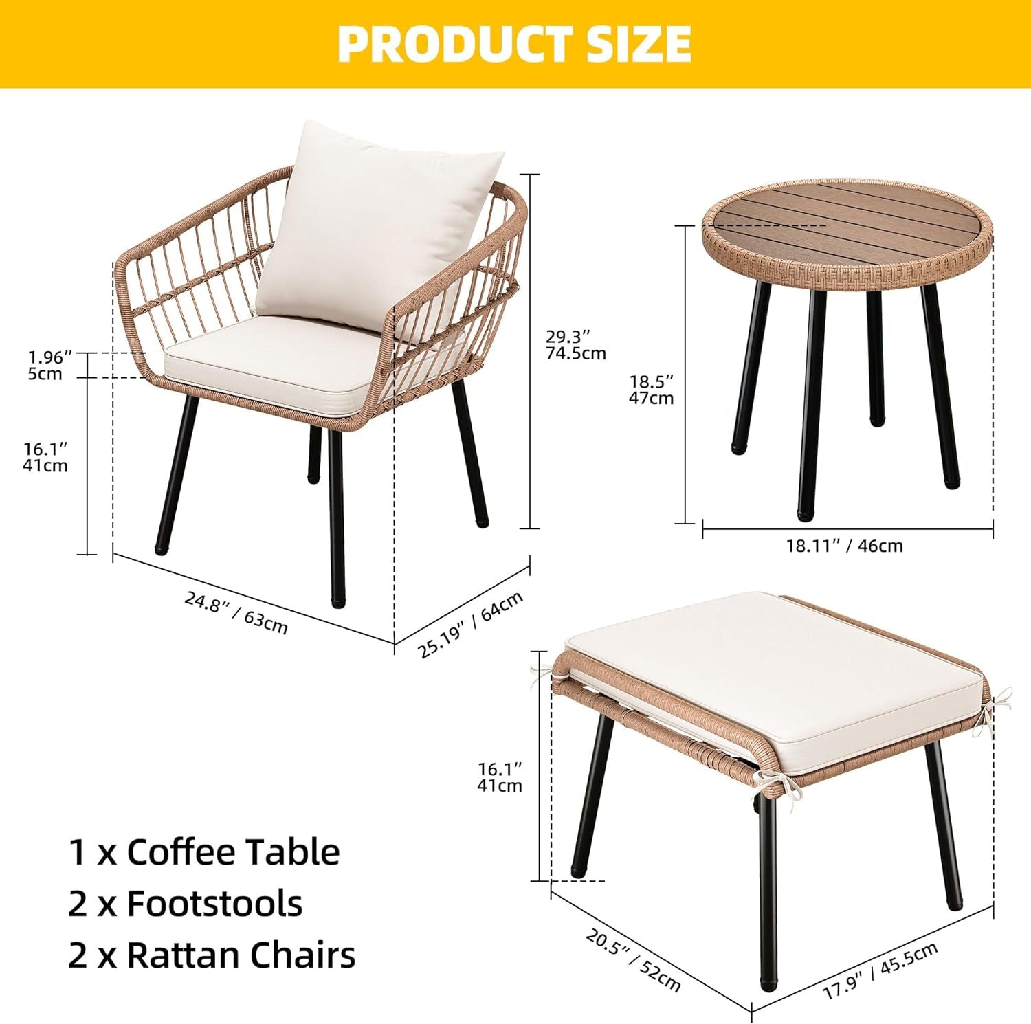 5 Piece Patio Bistro Set, Outdoor Wicker Conversation Set with Ottomans and Side Table, All-Weather Durable Rattan Furniture for Porch, Balcony, Deck, Backyard, Garden (Beige)-1