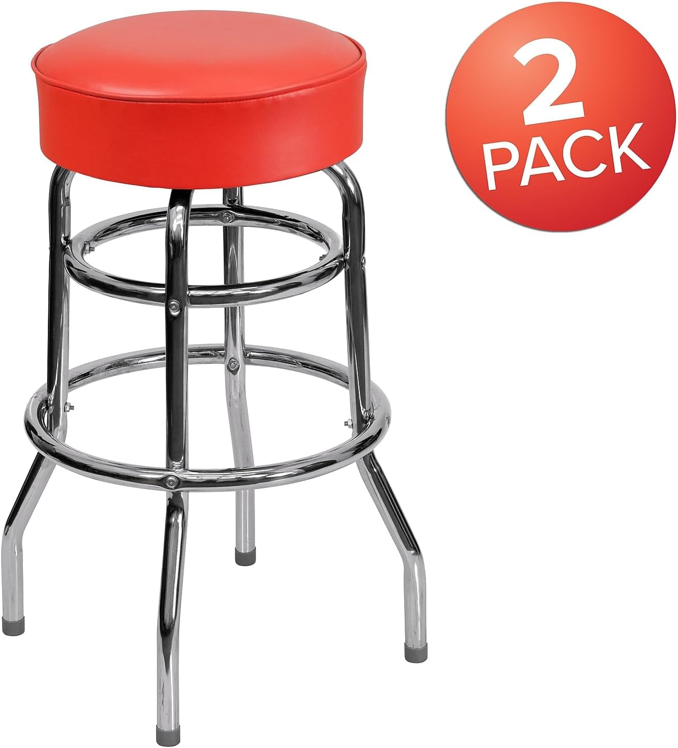 Bruno 2 Pack Double Ring Chrome Barstool with Red Seat-3