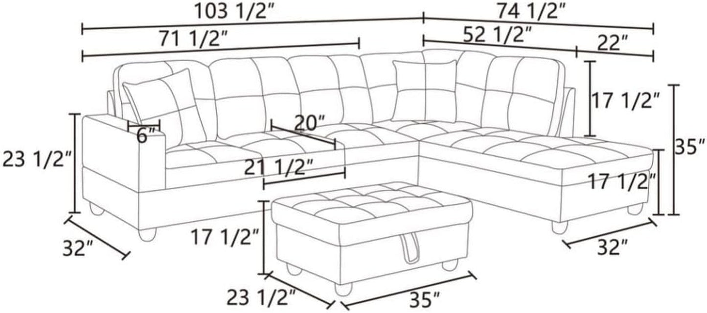 L-Shaped 3-Piece Linen Sofa with Storage Ottoman Set, Sectional Couch Sofa Set for Living Room, Office, Small Space, Grey-1