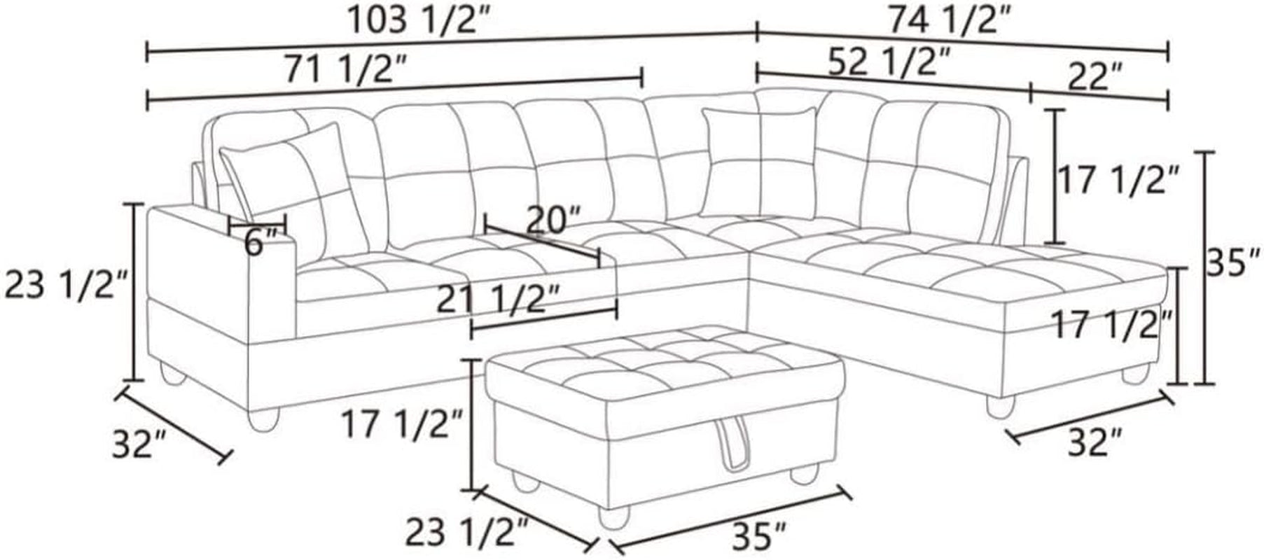 L-Shaped 3-Piece Flannel Sofa with Storage Ottoman Set, Sectional Couch Sofa Set for Living Room, Office, Small Space, Blue-2