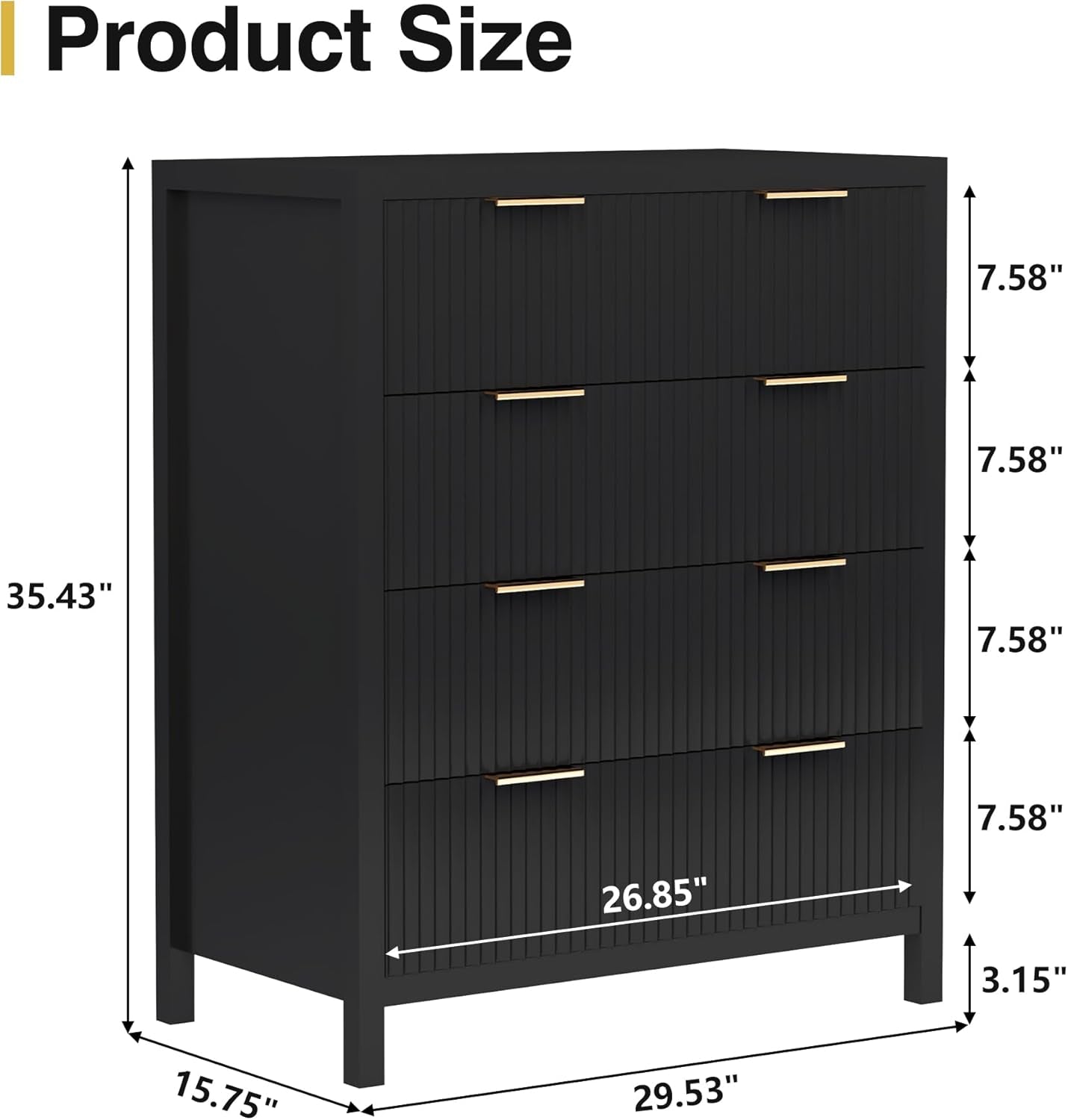 4 Drawer Dressers for Bedroom, Modern Closet Chest of Drawers with Waveform Fluted Panel, Large Wood Storage Dresser Organizer for Nursery Bedroom Living Room Hallway Closet, Black-1
