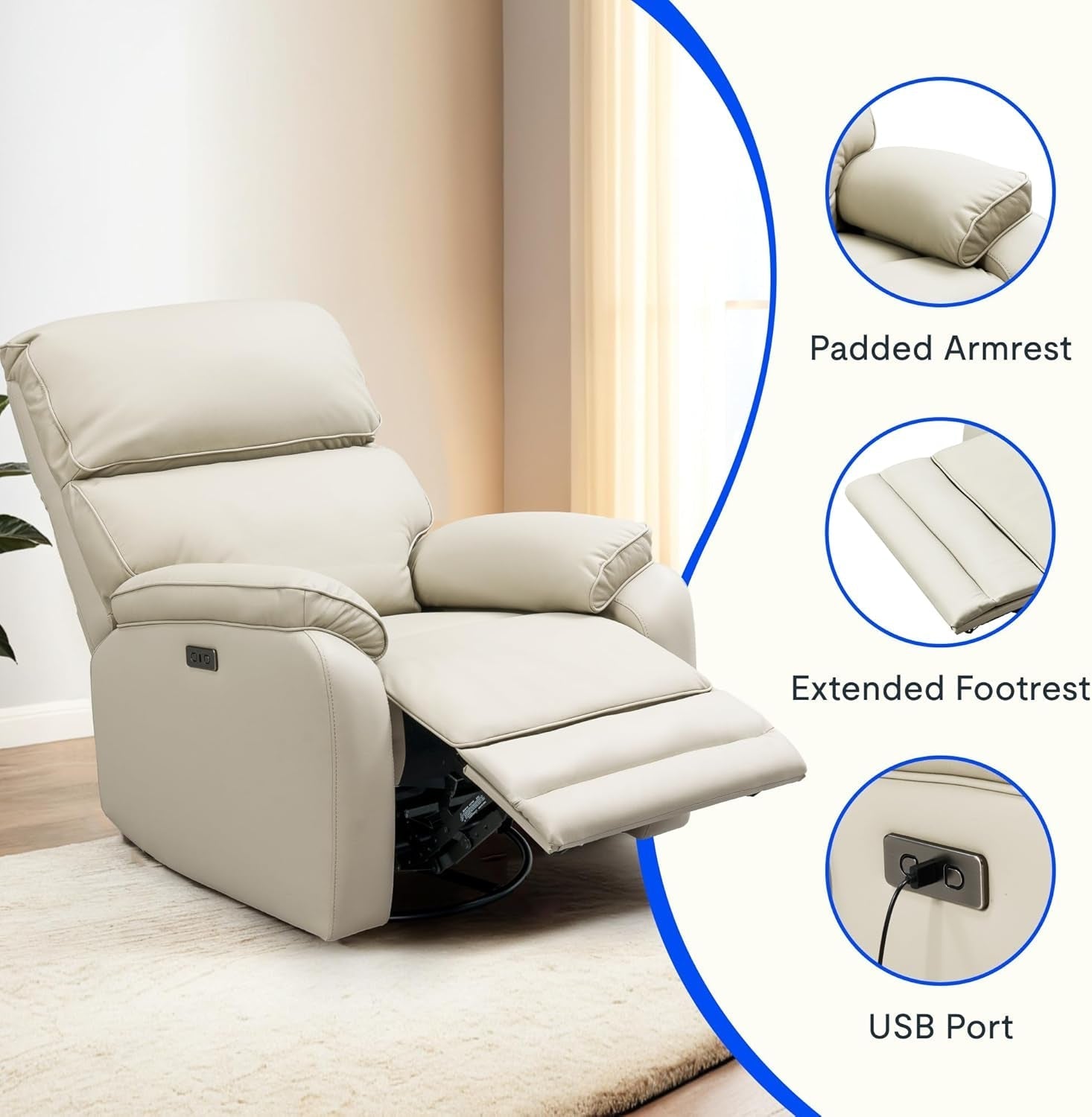 XR4 Genuine Leather Recliner Chair, Power Swivel Rocker Glider with Manual Headrest & Lumbar Support, USB Charging, Elegant Sofa for Living Room & Nursery, Cream-4