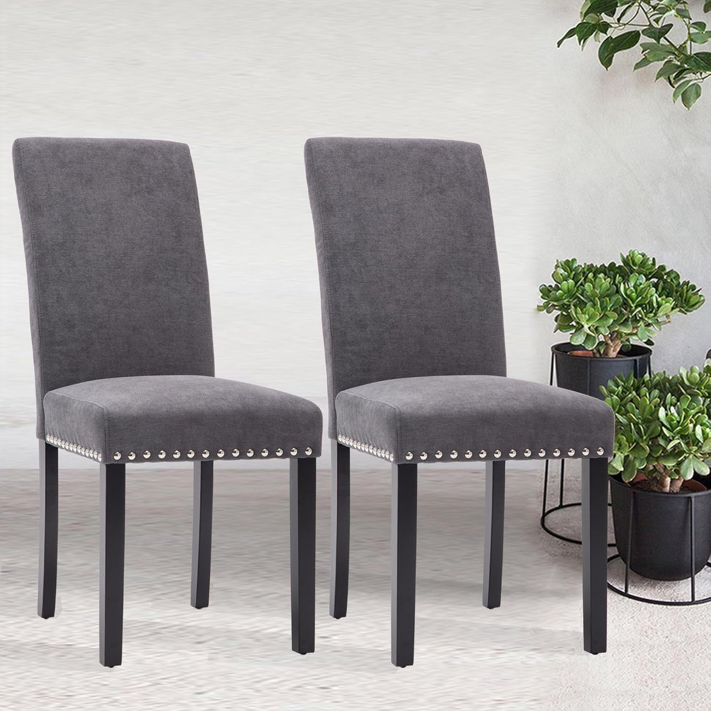 Dining Chair Upholstered Fabric Dining Chairs with Copper Nails,Set of 2,Grey-1