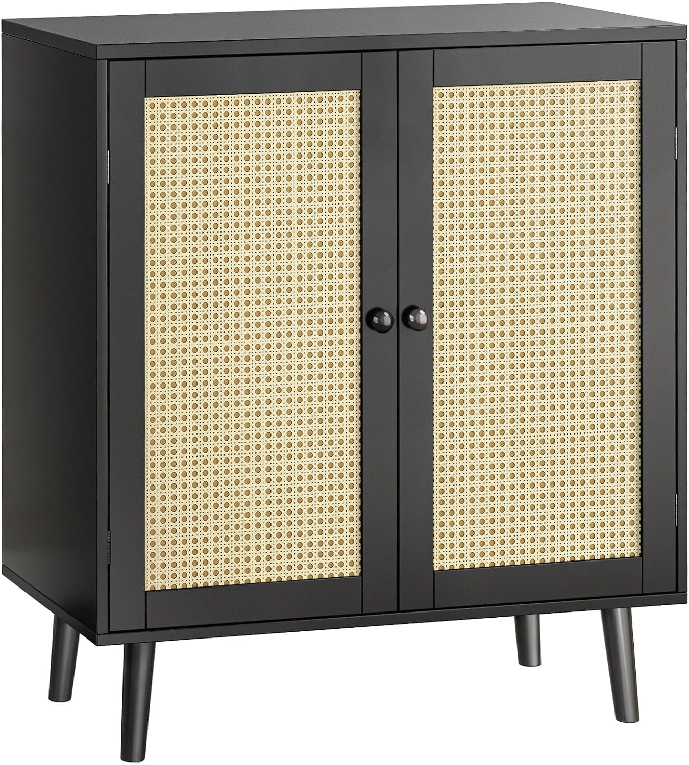 Buffet Cabinet with Storage, Storage Cabinet with Synthetic Rattan Decor Doors, Accent Cabinet with Solid Wood Feet, Sideboard Cabinet for Hallway, Entry, Living Room, Black-0