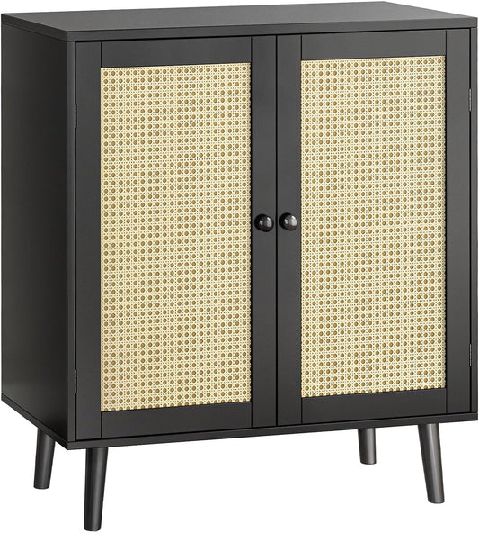 Buffet Cabinet with Storage, Storage Cabinet with Synthetic Rattan Decor Doors, Accent Cabinet with Solid Wood Feet, Sideboard Cabinet for Hallway, Entry, Living Room, Black-0