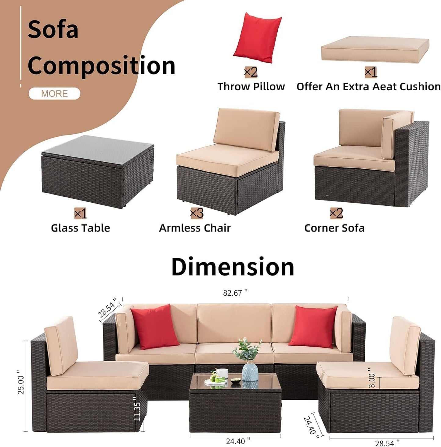 6 Pieces Patio Furniture Sets Outdoor All-Weather Sectional Patio Sofa Set PE Rattan Manual Weaving Wicker Patio Conversation Set with Glass Table&Ottoman Cushion and Red Pillows, Beige-1