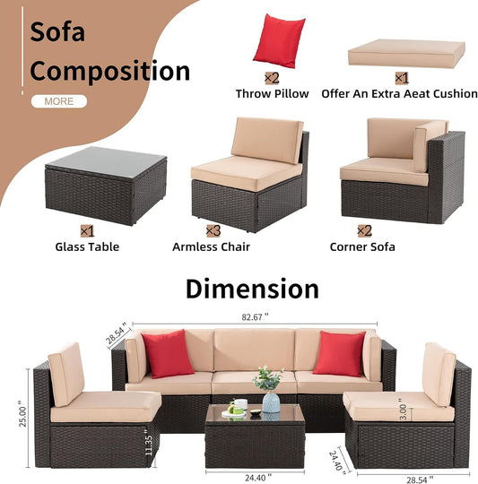 6 Pieces Patio Furniture Sets Outdoor All-Weather Sectional Patio Sofa Set PE Rattan Manual Weaving Wicker Patio Conversation Set with Glass Table&Ottoman Cushion and Red Pillows, Beige-1