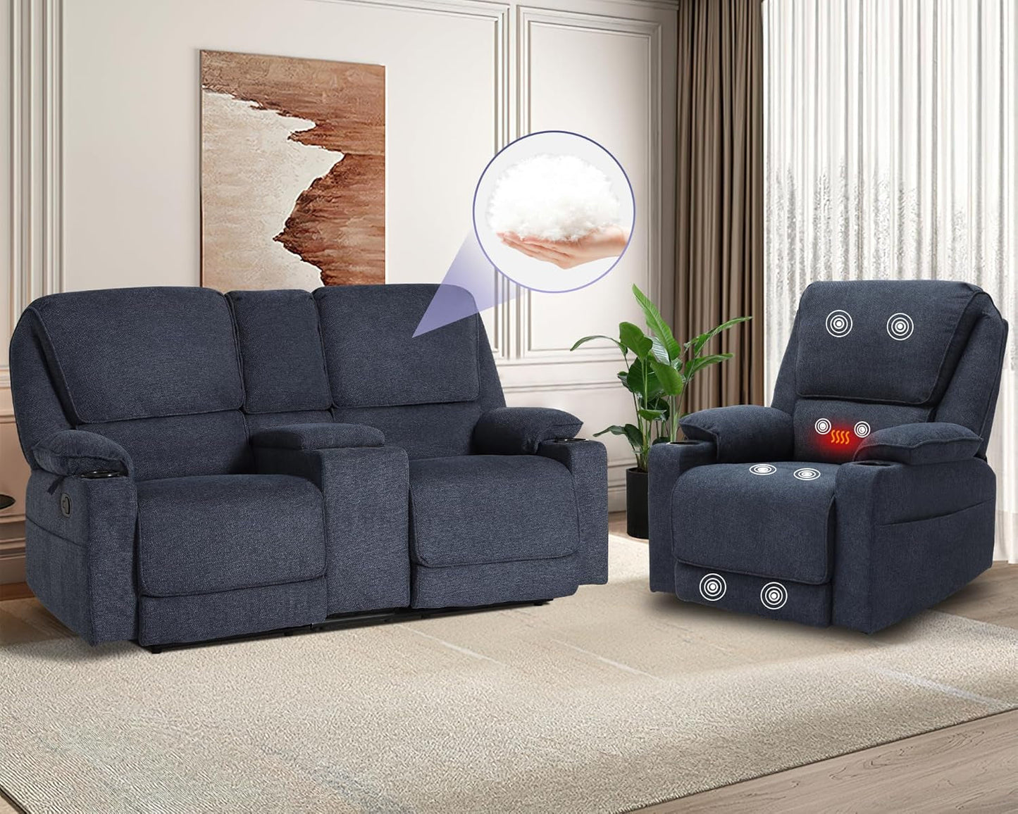 Reclining Living Room Set, 2-Piece Recliner Furniture Sofa, Loveseat Recliner and Swivel Recliner Chair with Cup Houlders for Living Room,Navy Blue-4