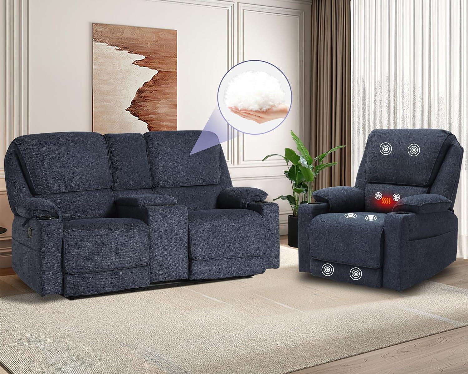 Reclining Living Room Set, 2-Piece Recliner Furniture Sofa, Loveseat Recliner and Swivel Recliner Chair with Cup Houlders for Living Room,Navy Blue-4