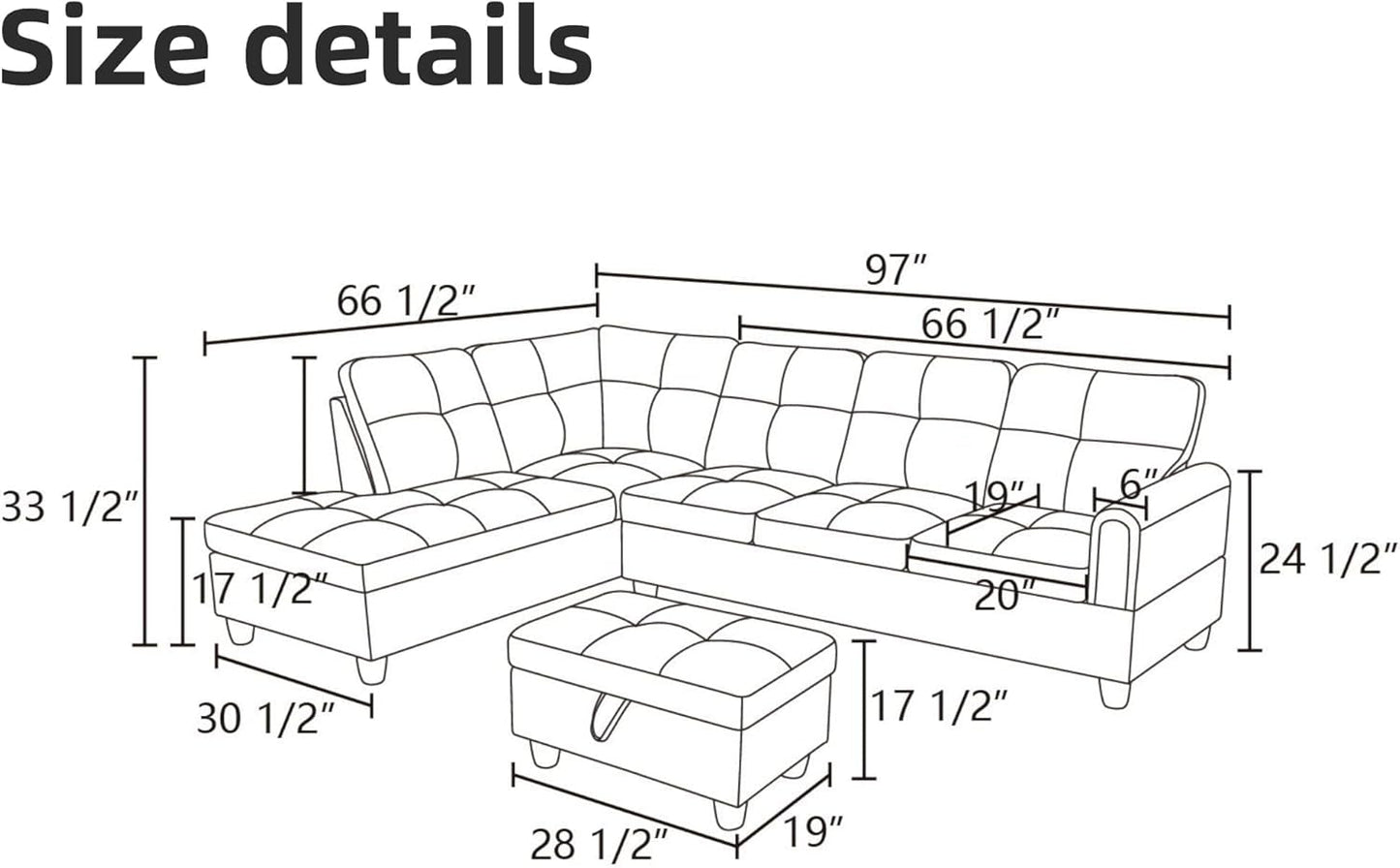 L Shaped Sectional Couches for Living Room, Modern Modular Sectional Sofa with Ottoman Storage, Comfy L Shaped Couch with Chaise for Bedroom Apartment Furniture, Gray-1