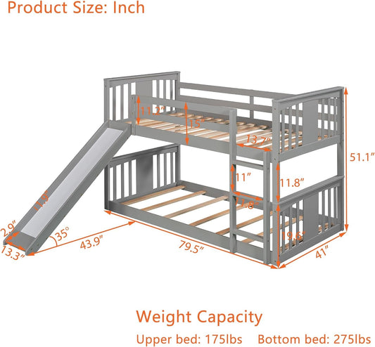Montessori Floor Bunk Bed Twin over Twin, Twin Bunk Bed with Slide and Ladder, Kids Bunk Beds with Guardrail Headboard and Footboard, Low Bunk Beds for Kids, Boys, Girls, Twin Bunk Bed Gray-1