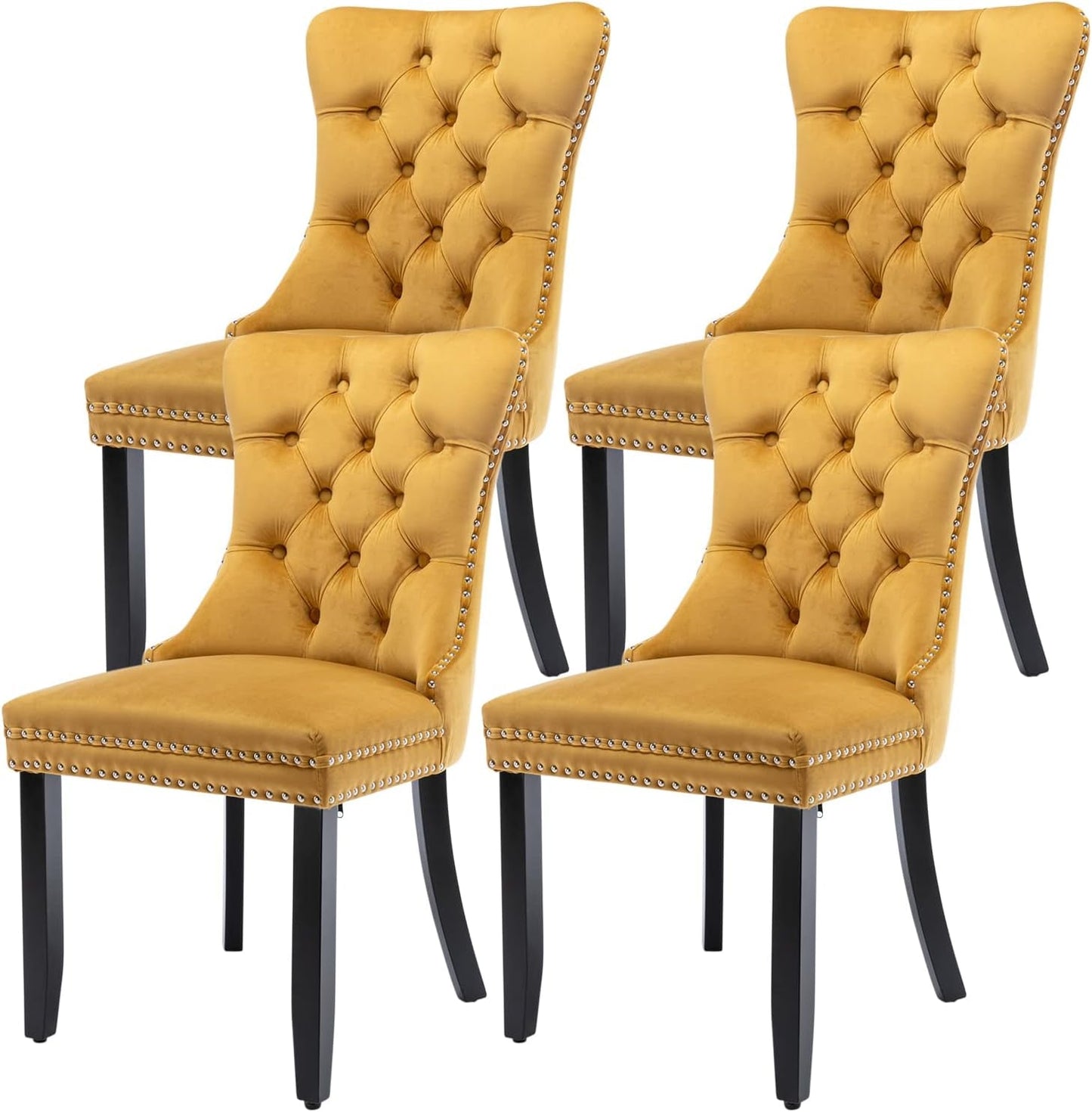 Velvet Dining Chairs Set of 4, Tufted Upholstered Dining Chairs with Nailhead Back and Ring Pull Trim, Solid Wood Dining Chairs for Kitchen/Bedroom/Dining Room (Gold)-0