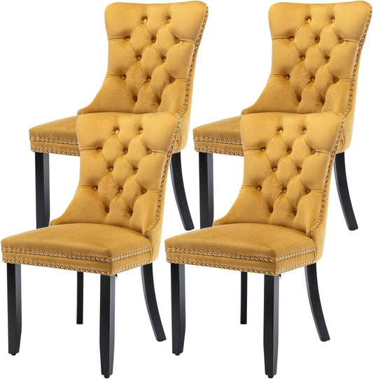 Velvet Dining Chairs Set of 4, Tufted Upholstered Dining Chairs with Nailhead Back and Ring Pull Trim, Solid Wood Dining Chairs for Kitchen/Bedroom/Dining Room (Gold)-0