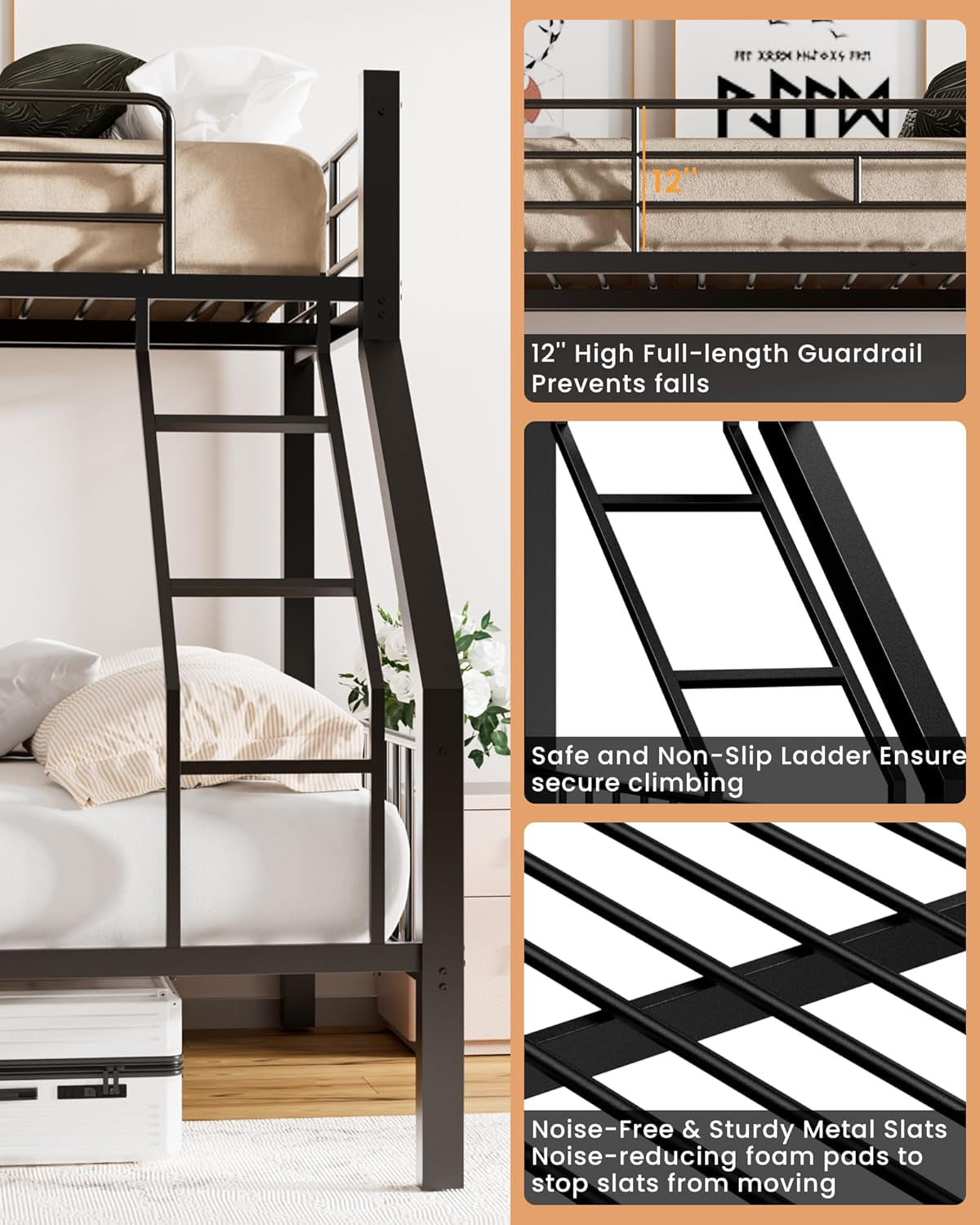 Twin XL over Queen Bunk Bed, Heavy Duty Bunk Bed with Safety Ladder and Full-Length Guardrails, Metal Queen Bed Frame with Slats Support for Adults, Teens, Kids, Black-2