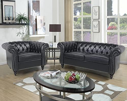 2 Pieces of Living Room Furniture Sofa Sets,Modern Contemporary Tufted Button Faux Leather Accent Club Chair&Chesterfield Loveseat Sofas Set with Nailhead Trim Scroll Arms for Home,Black-0