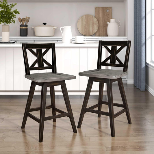 Solid Wood High Back Swivel Counter Height Bar Stools Set of 2, Kitchen Stools Counter Height, Foot Rest, X Back, Tall Wooden Armless Dining Chairs for Kitchen Island, Farmhouse, Rustic, Black-1