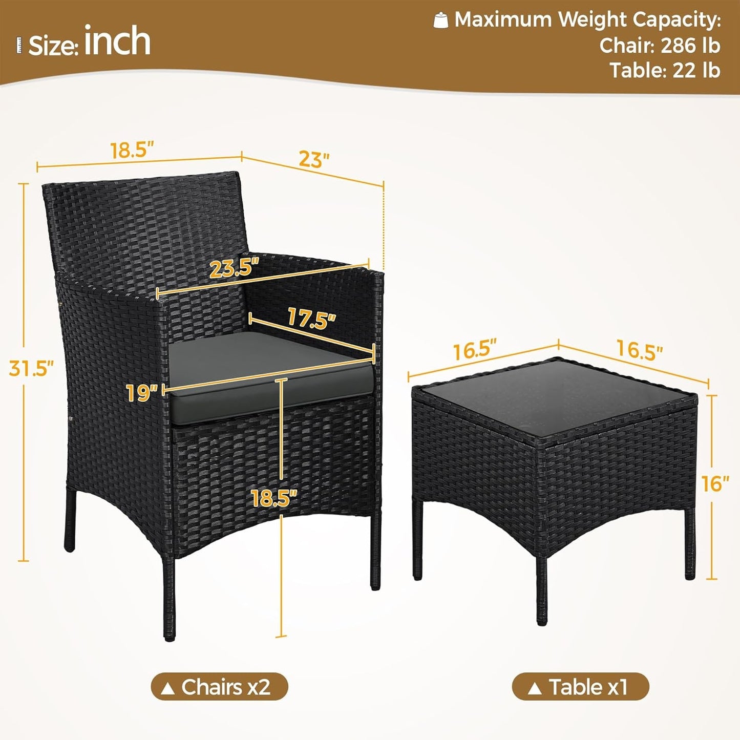 3 Pieces Patio Porch Furniture Set, Outdoor PE Rattan Wicker Conversation Set with Soft Cushions, Glass Coffee Table & 2 Chairs for Garden/Deck/Courtyard/Poolside, Black/Gray-3