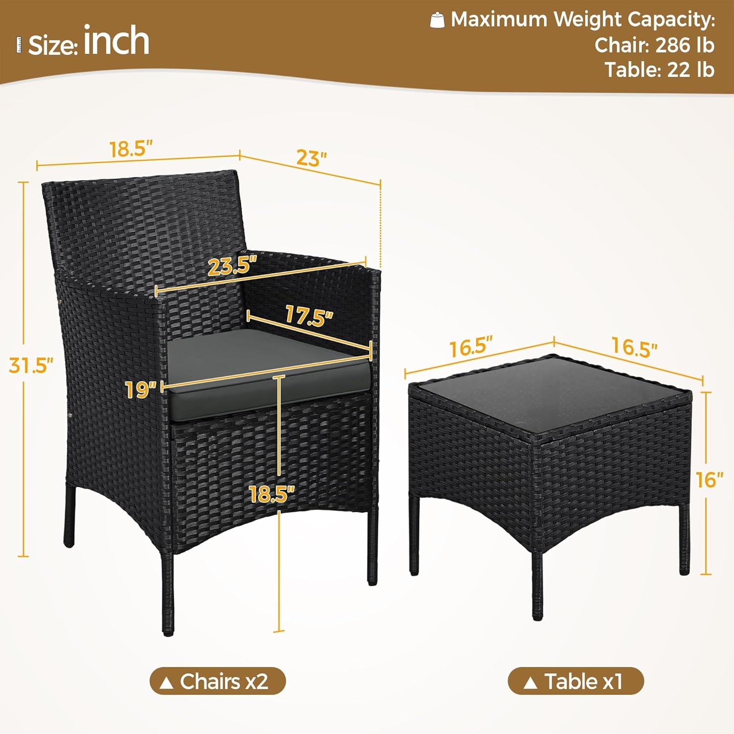 3 Pieces Patio Porch Furniture Set, Outdoor PE Rattan Wicker Conversation Set with Soft Cushions, Glass Coffee Table & 2 Chairs for Garden/Deck/Courtyard/Poolside, Black/Gray-3