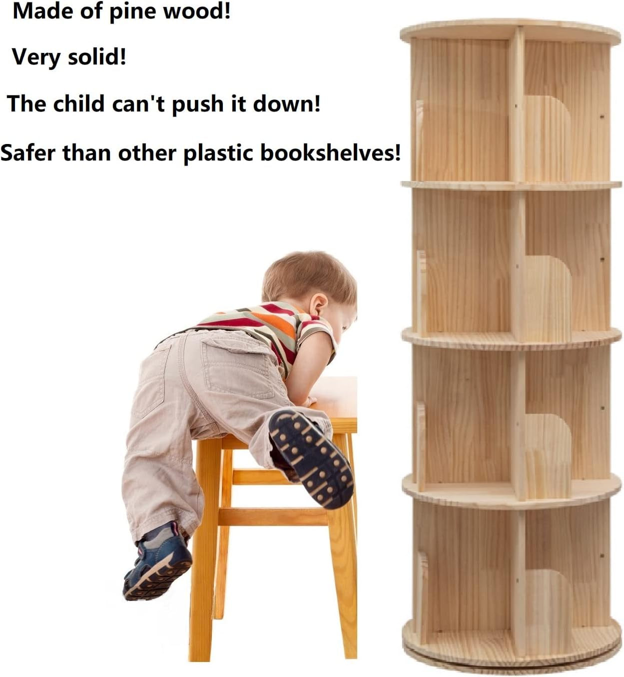 Rotating Bookshelf 360 Display 4 Tier Floor Standing Bookcase Storage Rack for Kids&Adults Solid Wood Bookshelf Organizer-2