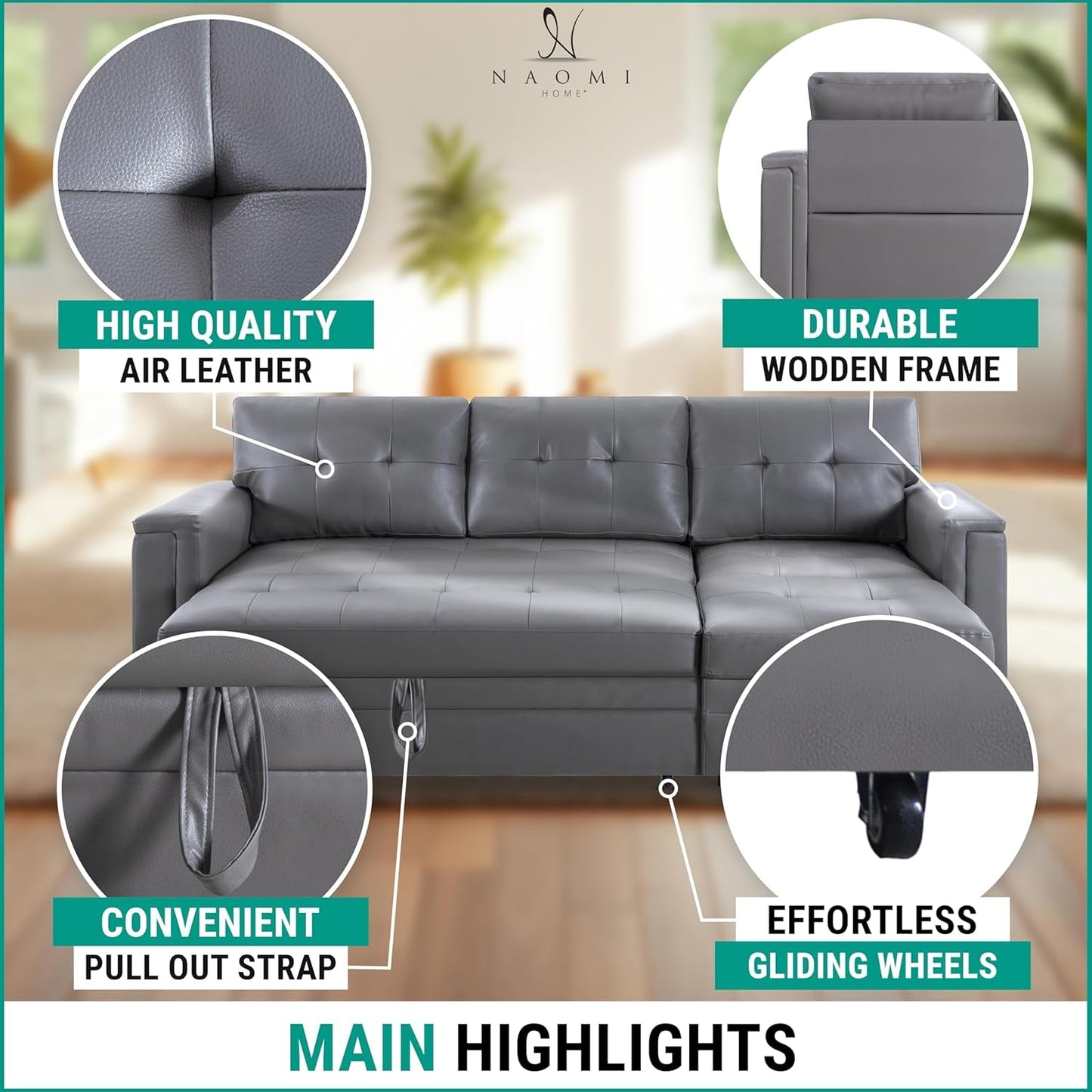 L-Shaped Sectional Sleeper Sofa with USB Ports - Convertible Pull-Out Bed, Ample Storage, Timeless Design, Durable Construction, Gray/Air Leather-3