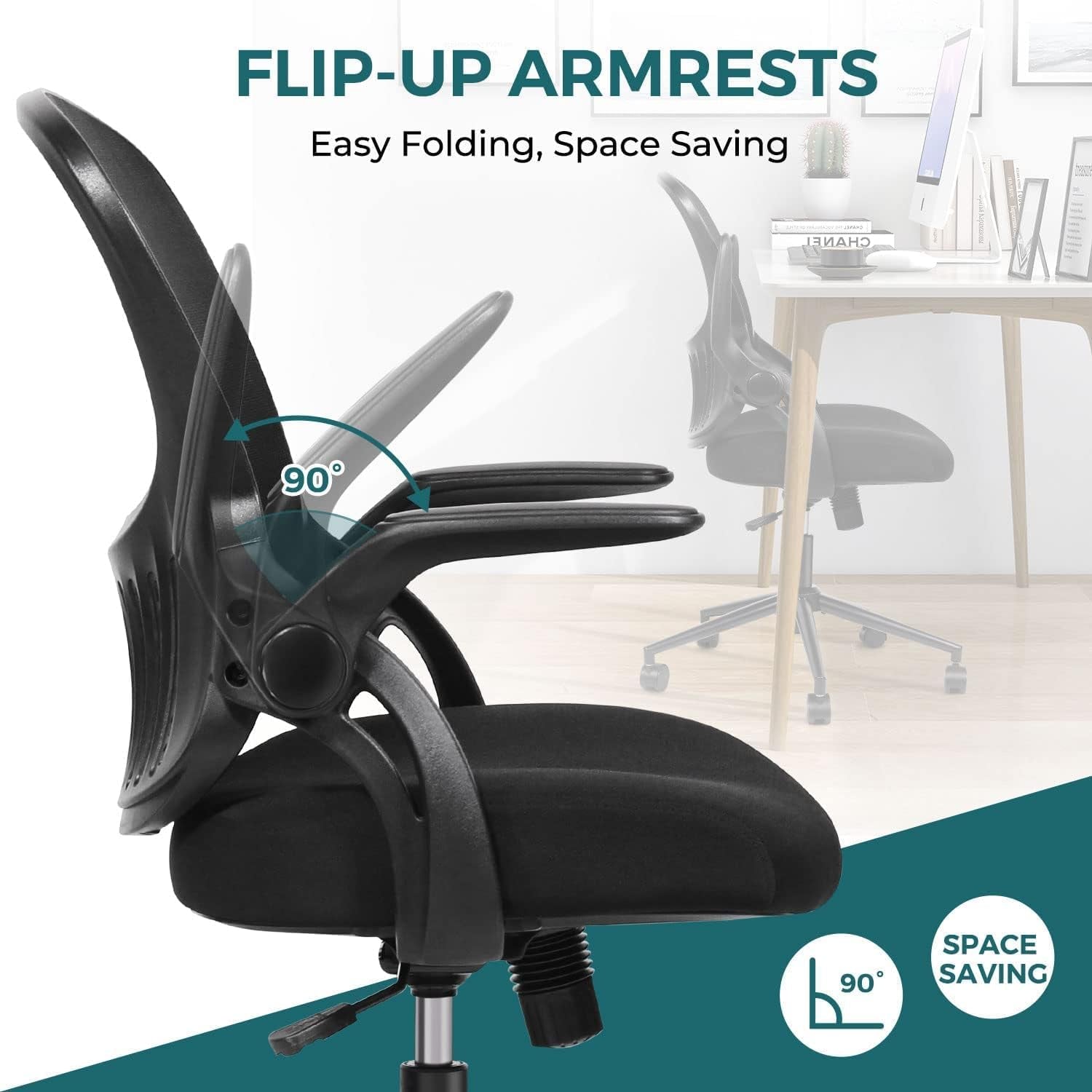 Office Computer Gaming Desk Chair, Ergonomic Mid-Back Mesh Rolling Work Swivel Chairs with Flip-Up Arms, Comfortable Lumbar Support, Comfy Arms for Home, Bedroom, Study, Student, Adults, Black-4
