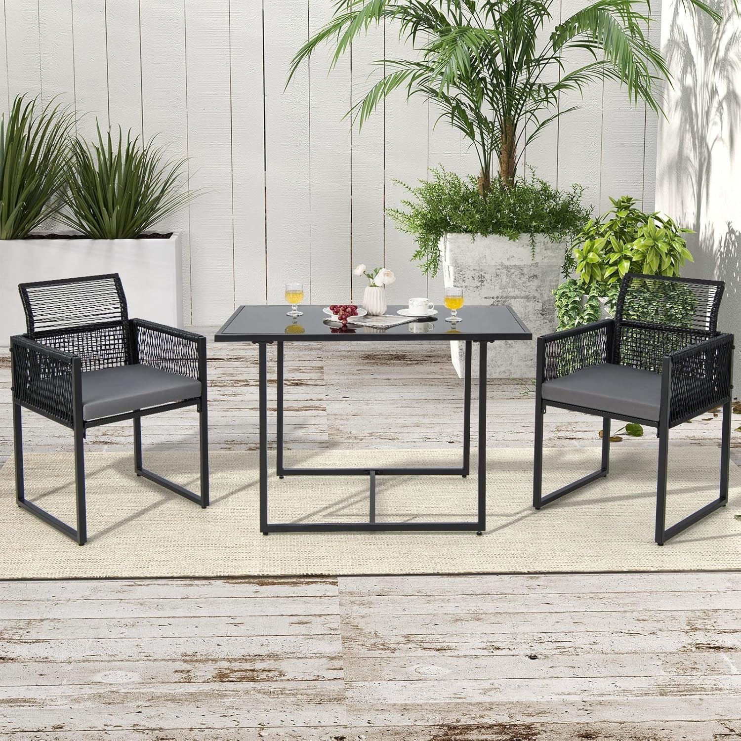 3 Pieces Outdoor Dining Set, Patio PE Rattan Furniture Set with Folding Backrest, Cozy Seat Cushions, Tempered Glass Tabletop, Space-Saving Rattan Chair Table Set for Backyard, Poolside-2