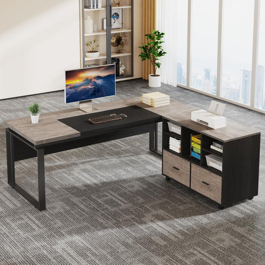 L-Shaped Executive Desk with Reversible File Cabinet, 63" Office Desk with Storage Drawers, L-Shaped Computer Desk with Drawer Cabinet for Hanging Letter Size Files (Gray & Black)-0