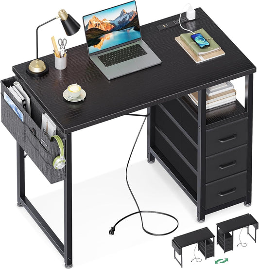 32-Inch Small Computer Desk with Fabric Drawers and Charging Station, Kids Girls Teen Study Writing Desk for Bedroom, Home Office Desk with Storage Shelf & Bag, Vanity Table for Small Space,Black-0