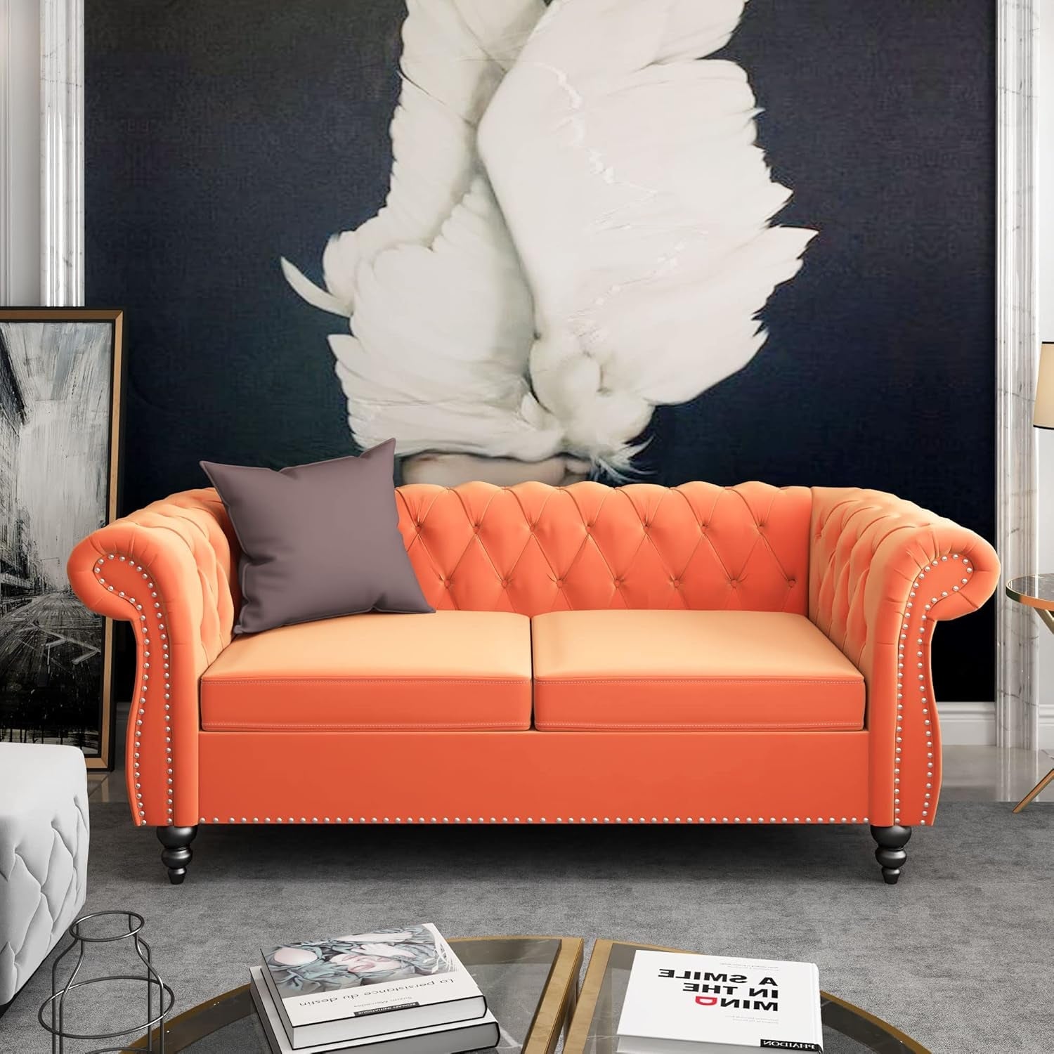 3-Piece Living Room Sectional Sofa Set, Upholstered Sofa Modern Sofa Couches Set Style Button Tufted, Velvet Chesterfield Sofa for Living Room Apartment, 1+2+3 Seat Orange-3