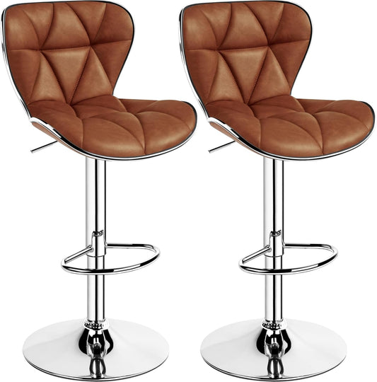 Bar Stools Set of 2, PU Leather Swivel Bar Stools with Shell Back, Armless Counter Height Adjustable Bar Chairs for Home Kitchen, Retro Brown-0