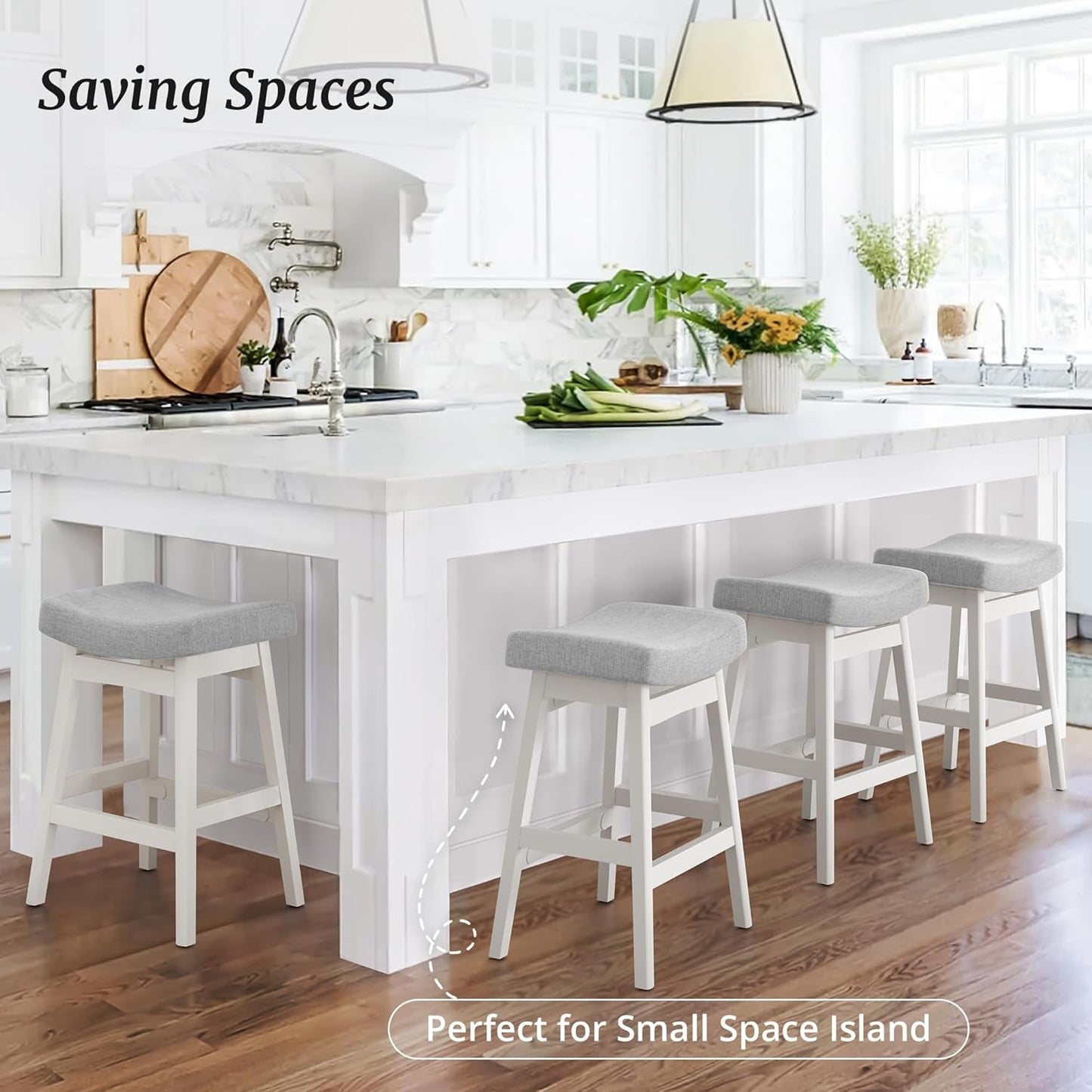 Bar Stools Set of 2, Barstools with Sturdy Wood Legs, Saddle Seat Counter Height Bar Stools for Kitchen Counter, Bar, Dining, 24 Inch Farmhouse Counter Stools, Light Gray-2