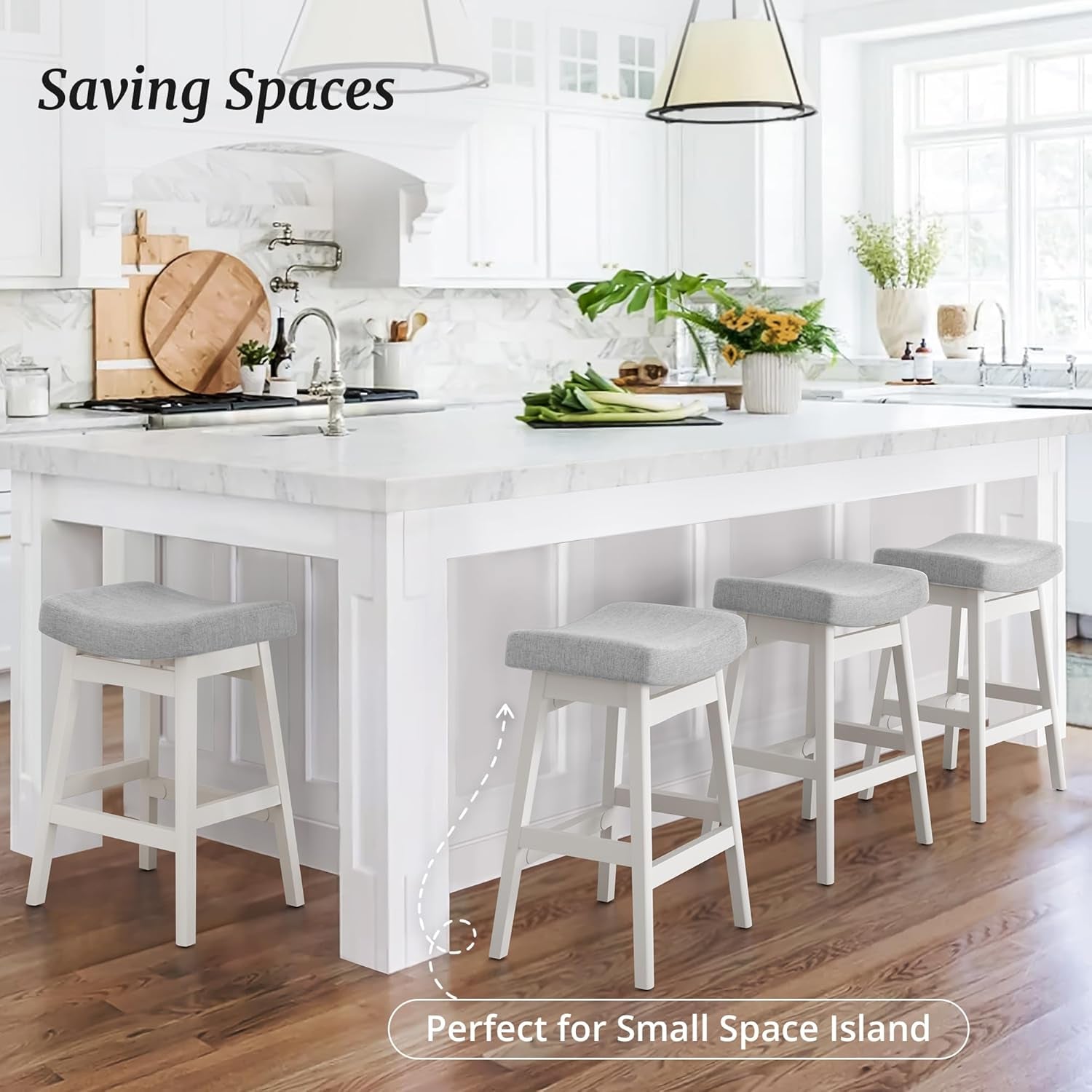 Bar Stools Set of 2, Barstools with Sturdy Wood Legs, Saddle Seat Counter Height Bar Stools for Kitchen Counter, Bar, Dining, 24 Inch Farmhouse Counter Stools, Light Gray-2