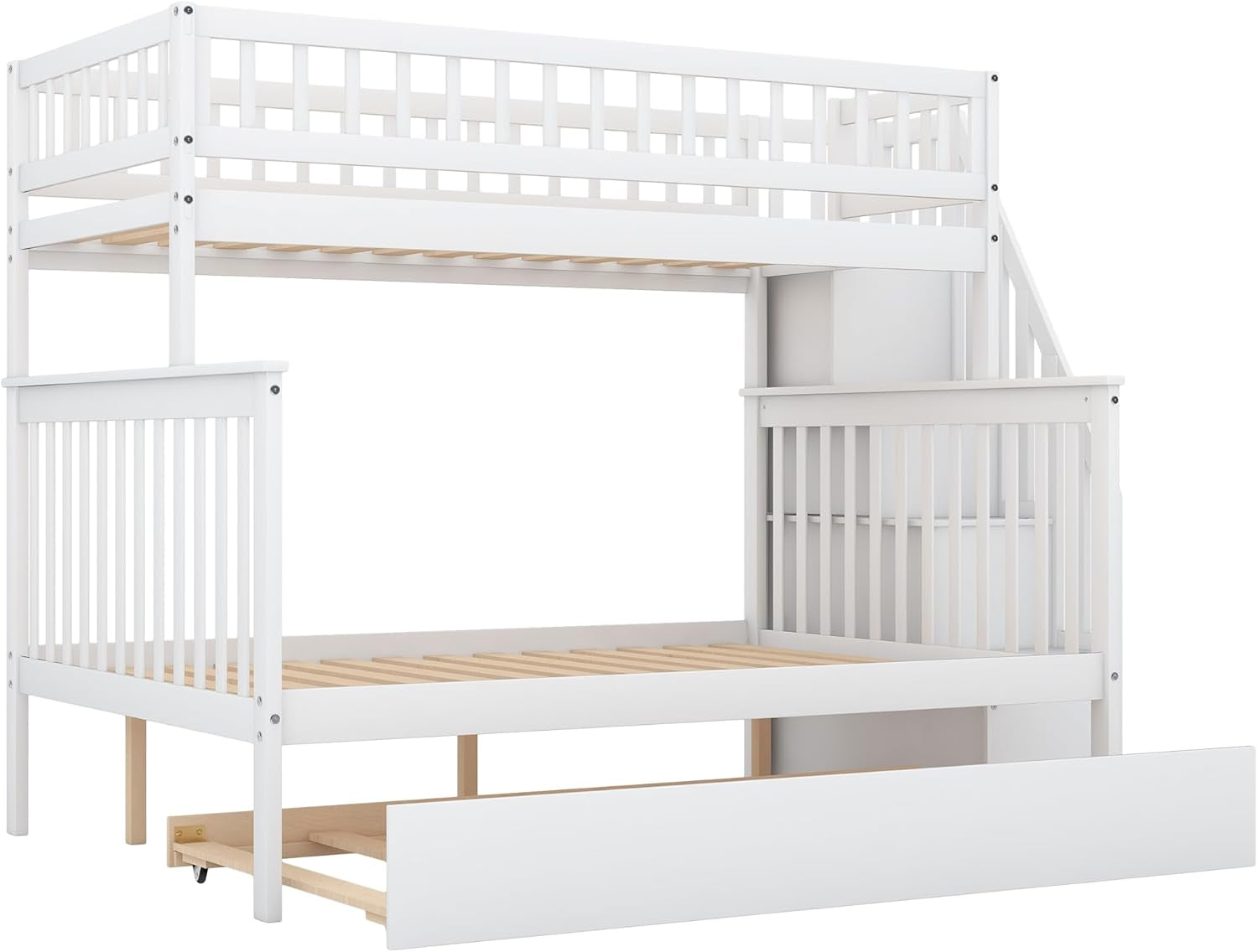 Twin over Full Bunk Beds with Twin Size Trundle & Stairway, Solid Wood Bunk Bed Twin over Full Size with Storage and Guard Rail for Bedroom, Dorm, Kids, Teens,Adults,White-4