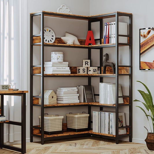 5-Tier Industrial Corner Bookcase with Metal Frame-0
