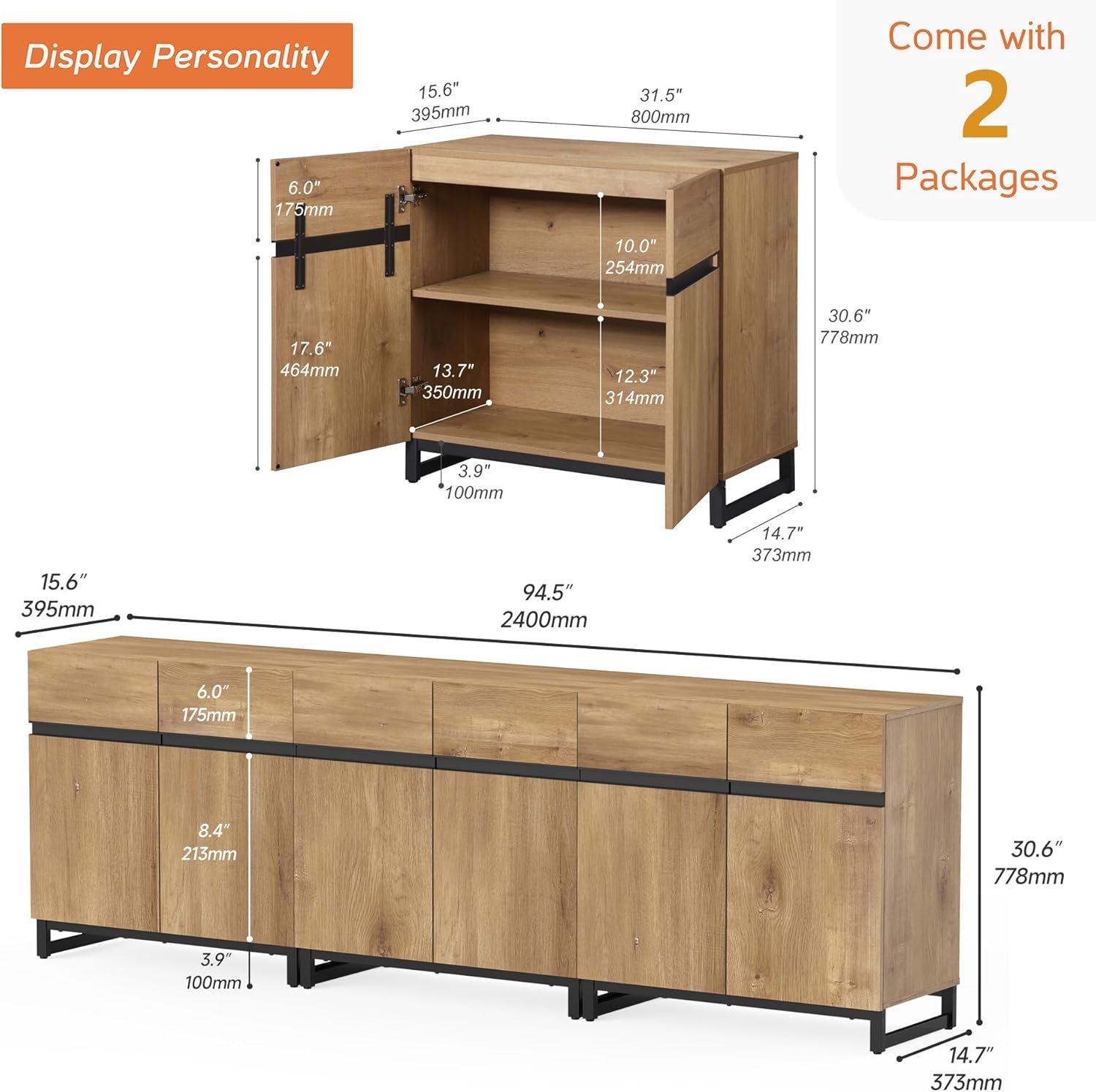Oak 3-in-1 Modern Sideboard Buffet Cabinet with Shelf-2