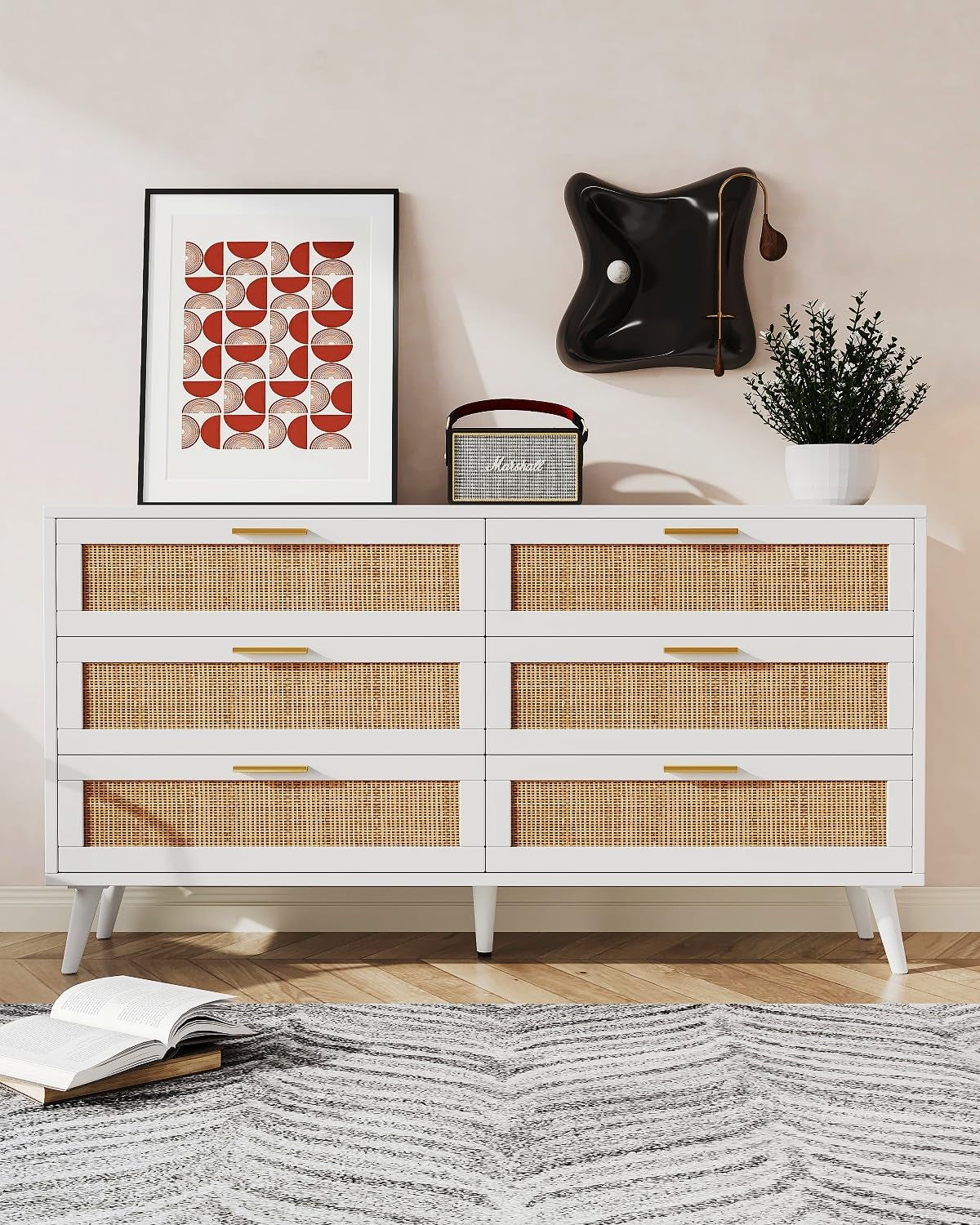 6 Drawer Double Dresser for Bedroom, Rattan Chest of Dressers, Modern Wooden Dresser Chest with Golden Handles, beside Table for Closet, Living Room and Entryway, White and Natural-3