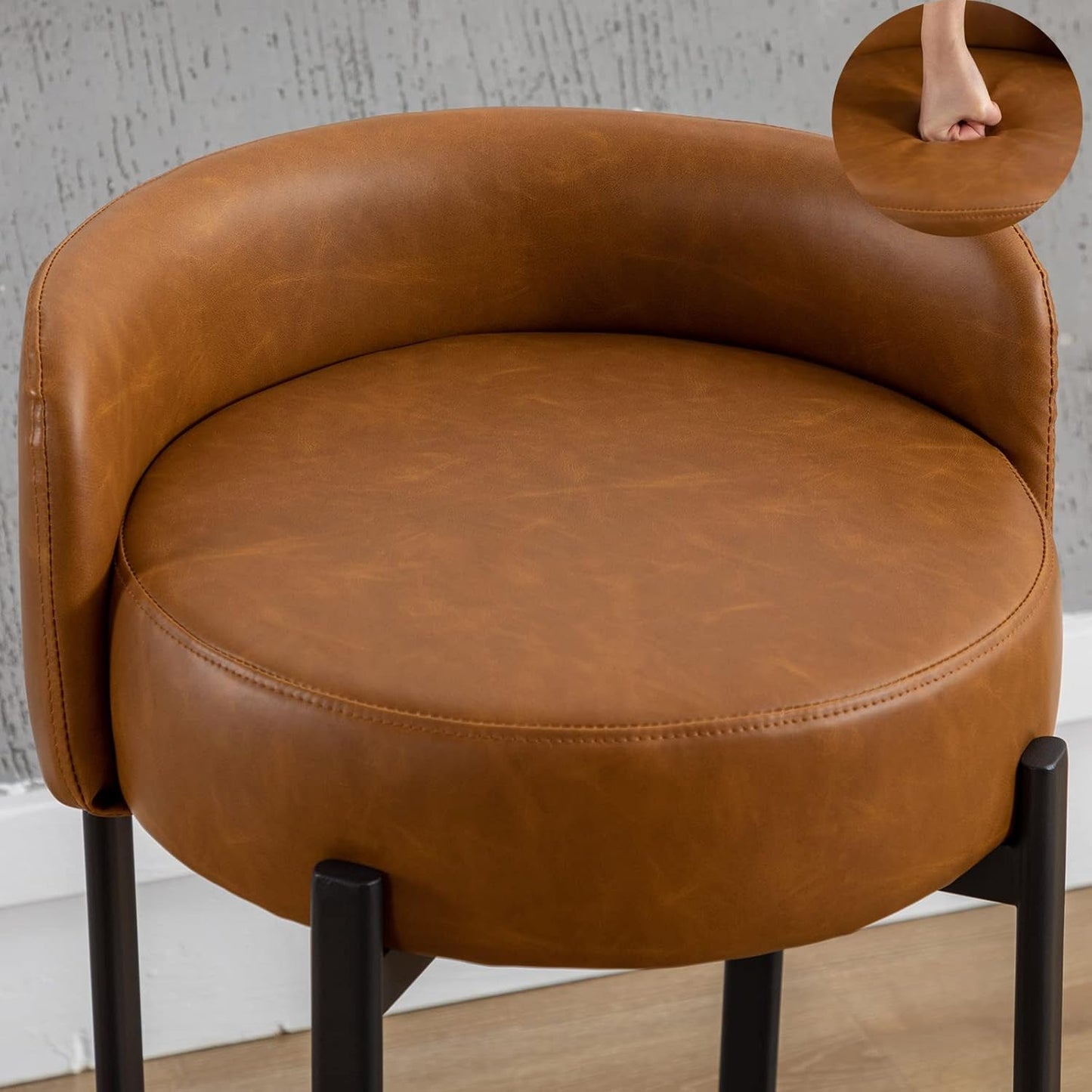 Counter Height Bar Stools 26" round Barstools Set of 2, Modern Faux Leather Counter Stools with Black Metal Legs for for Kitchen Island Counter, Small Space, Brown-3
